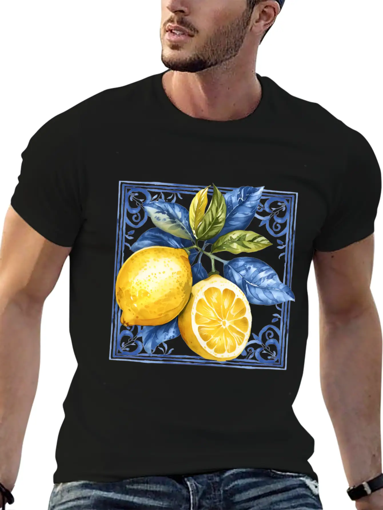 Lemon Blue Tile Mosaic Mediterranean Italian Lemon Stylish Everyday T-Shirt – Unisex Basic Cotton Tee
