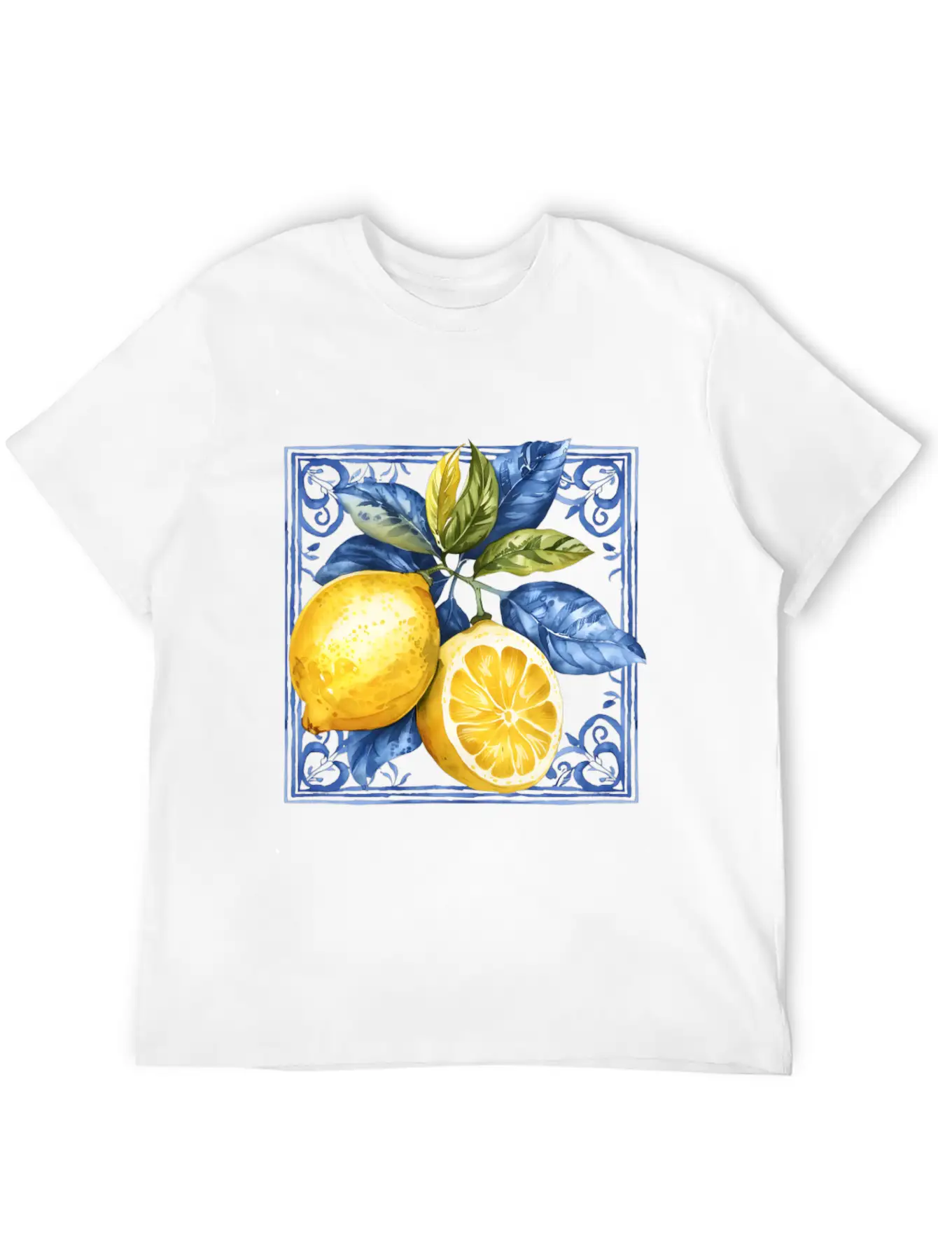 Lemon Blue Tile Mosaic Mediterranean Italian Lemon Stylish Everyday T-Shirt – Unisex Basic Cotton Tee