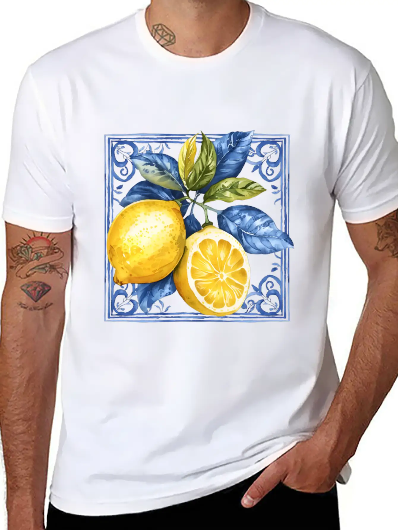 Lemon Blue Tile Mosaic Mediterranean Italian Lemon Stylish Everyday T-Shirt – Unisex Basic Cotton Tee