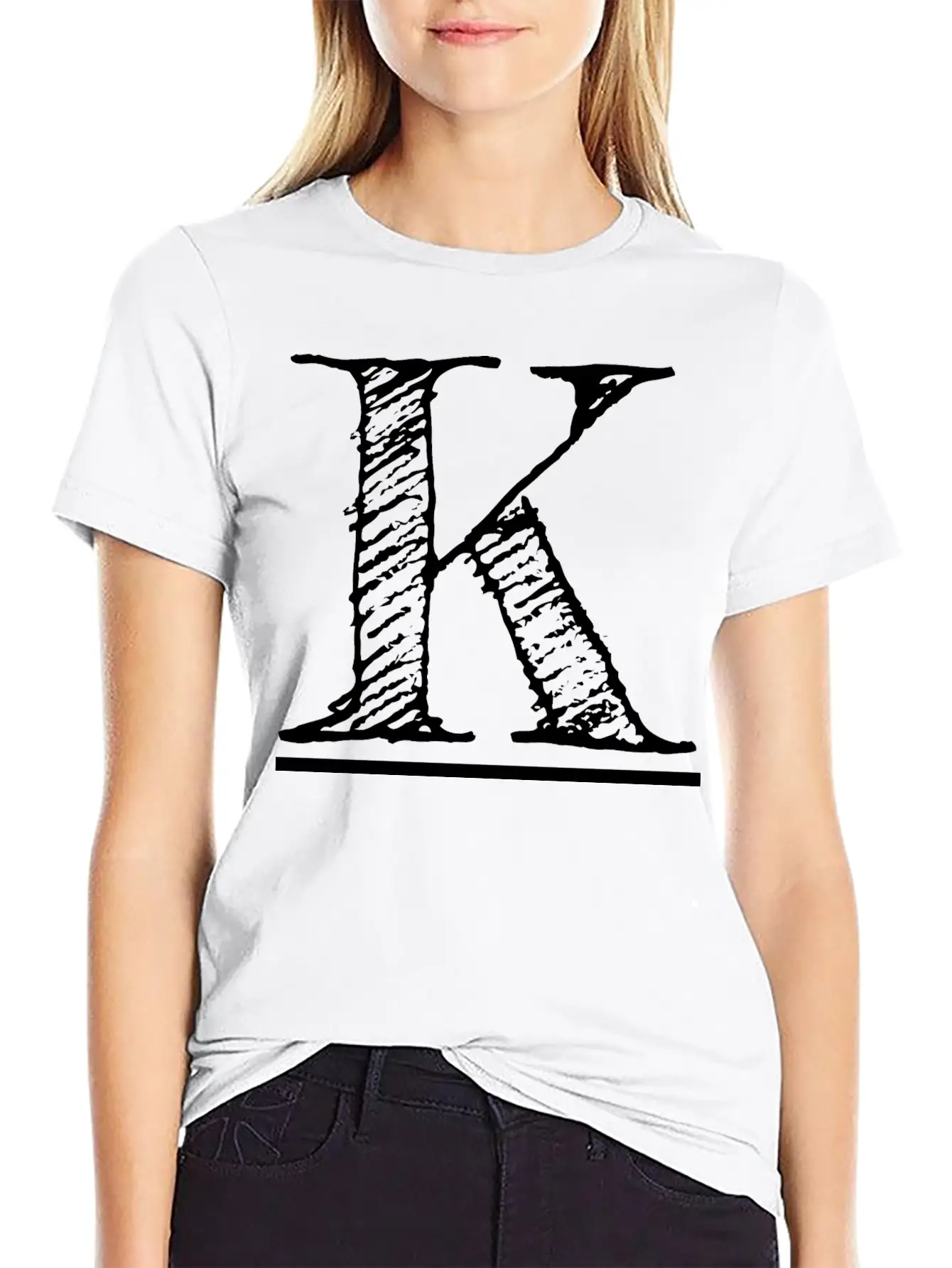 Letter K Oversized Hand-drawn Writing Initial Stylish Everyday T-Shirt – Unisex Basic Cotton Tee