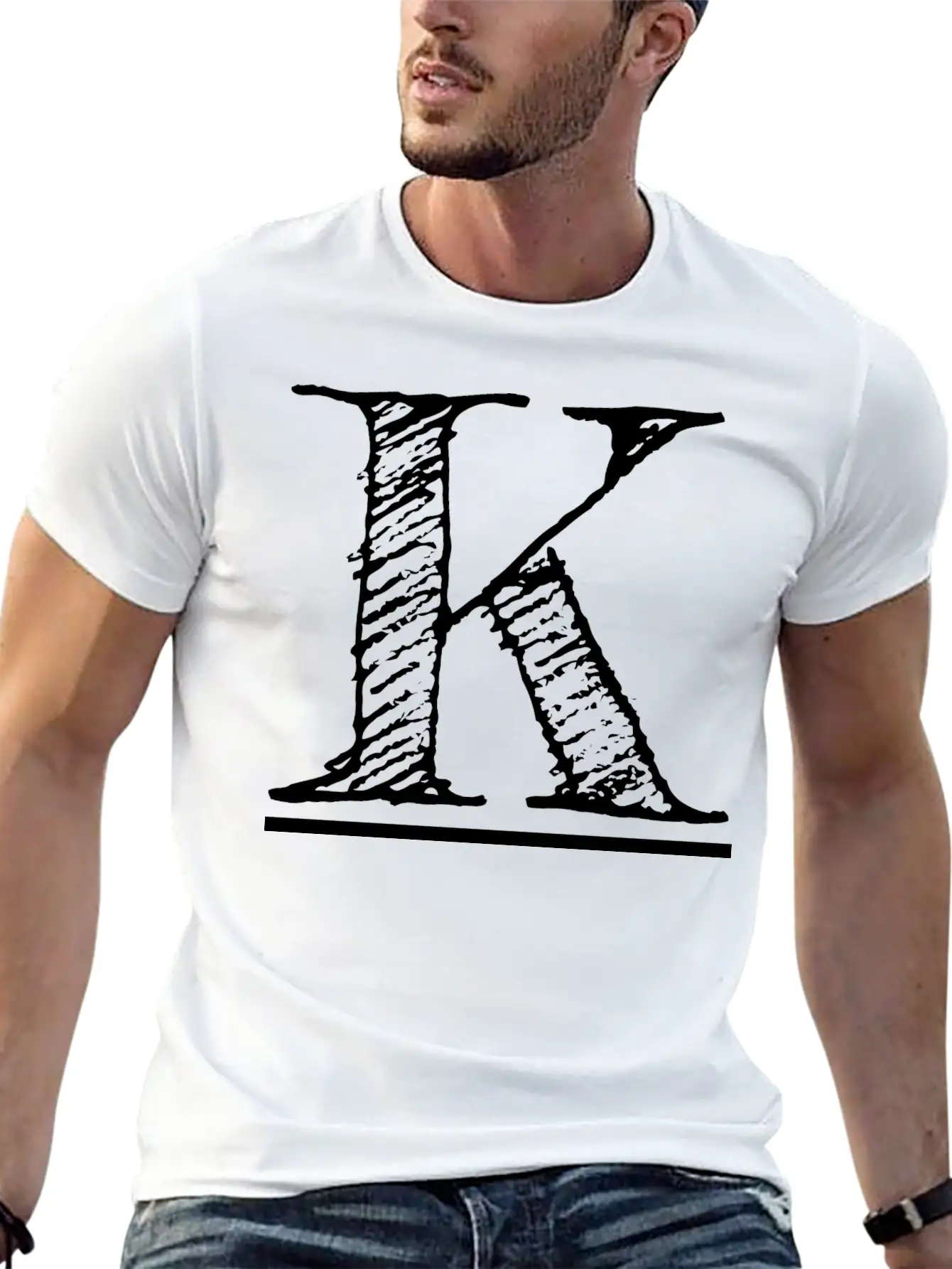 Letter K Oversized Hand-drawn Writing Initial Stylish Everyday T-Shirt – Unisex Basic Cotton Tee