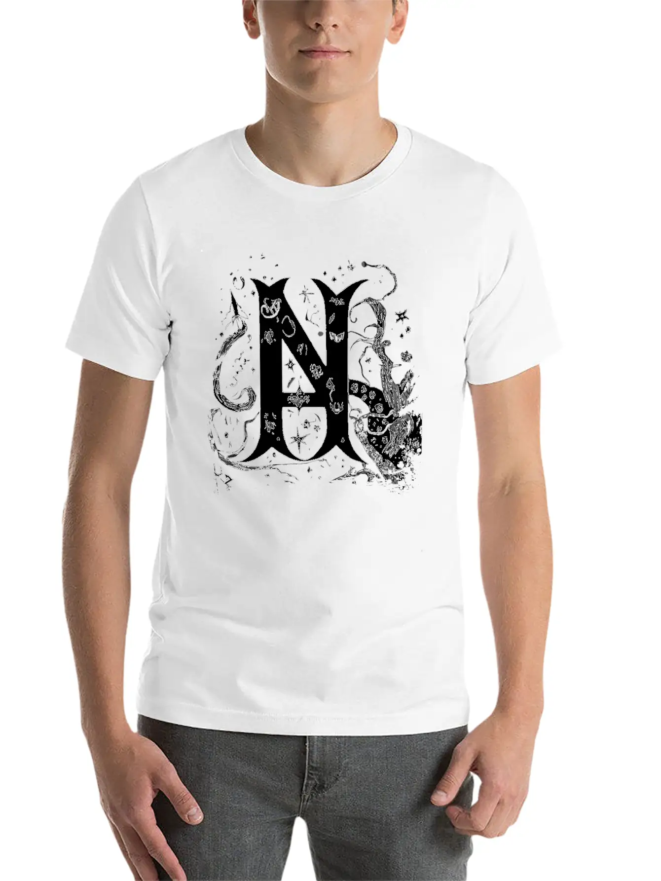 Letter N Monogram Hand Drawn Typography Gothic Wit Stylish Everyday T-Shirt – Unisex Basic Cotton Tee
