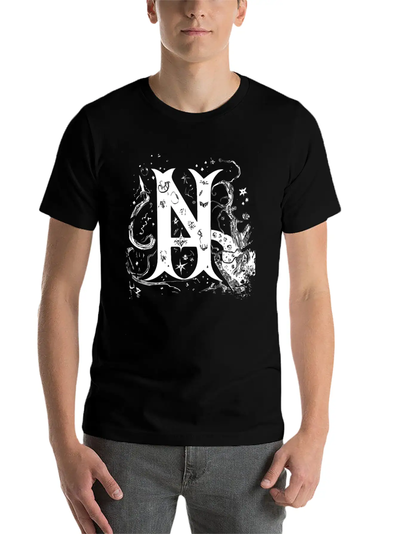 Letter N Monogram Hand Drawn Typography Gothic Wit Stylish Everyday T-Shirt – Unisex Basic Cotton Tee