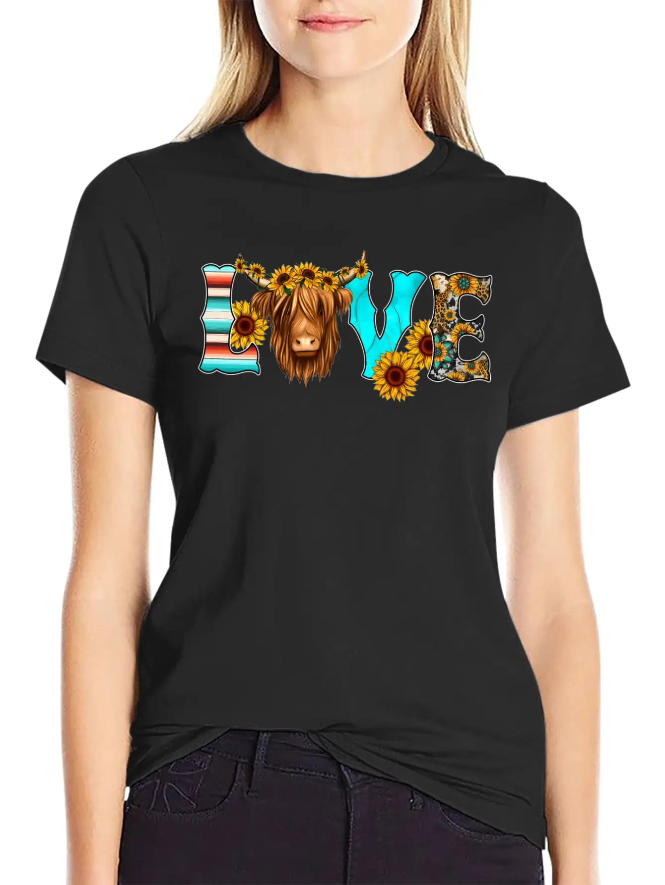 Love Highland Cow Print Sunflower Western Cory Cow Basic Graphic T-Shirt – Daily Comfort In Soft Cotton