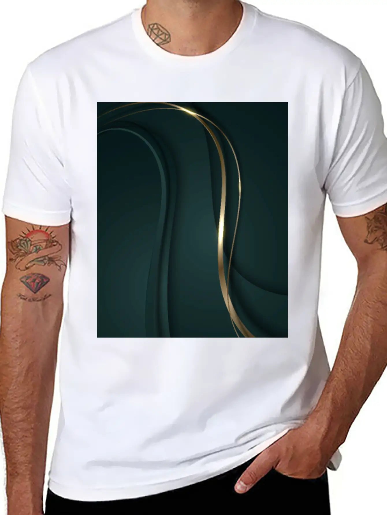 Luxury Elegant Metallic Green Wave Basic Graphic T-Shirt – Daily Comfort In Soft Cotton