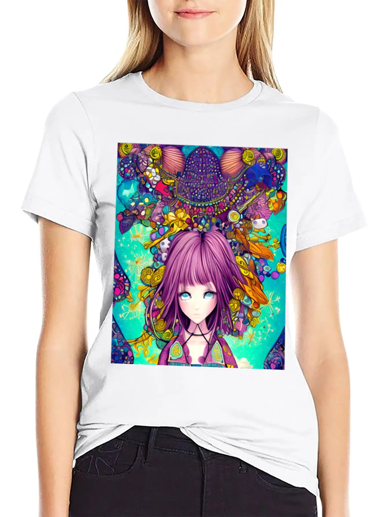 Manga Girl Colorful Poster Digital Wall ART Stylish Everyday T-Shirt – Unisex Basic Cotton Tee