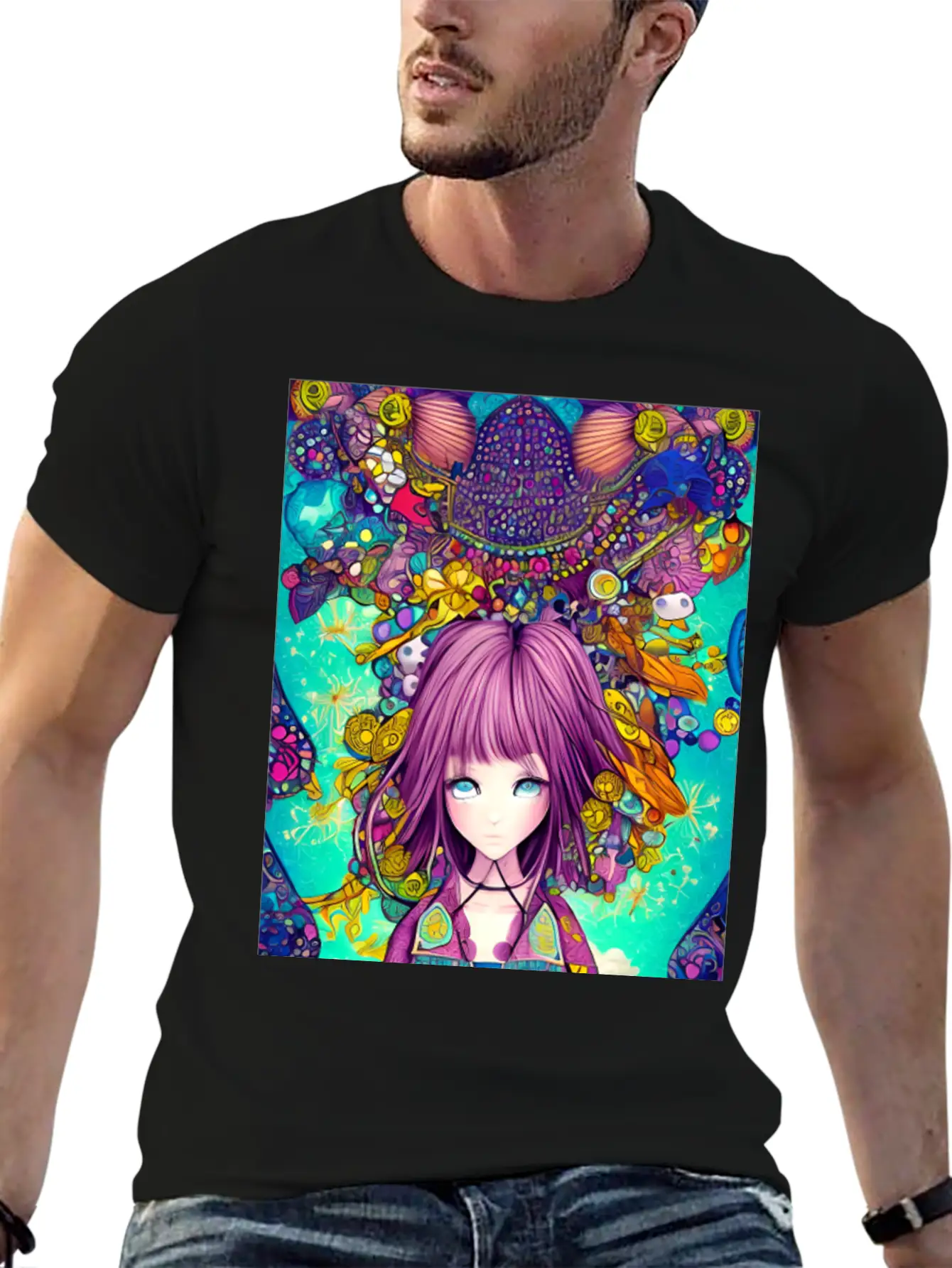 Manga Girl Colorful Poster Digital Wall ART Stylish Everyday T-Shirt – Unisex Basic Cotton Tee