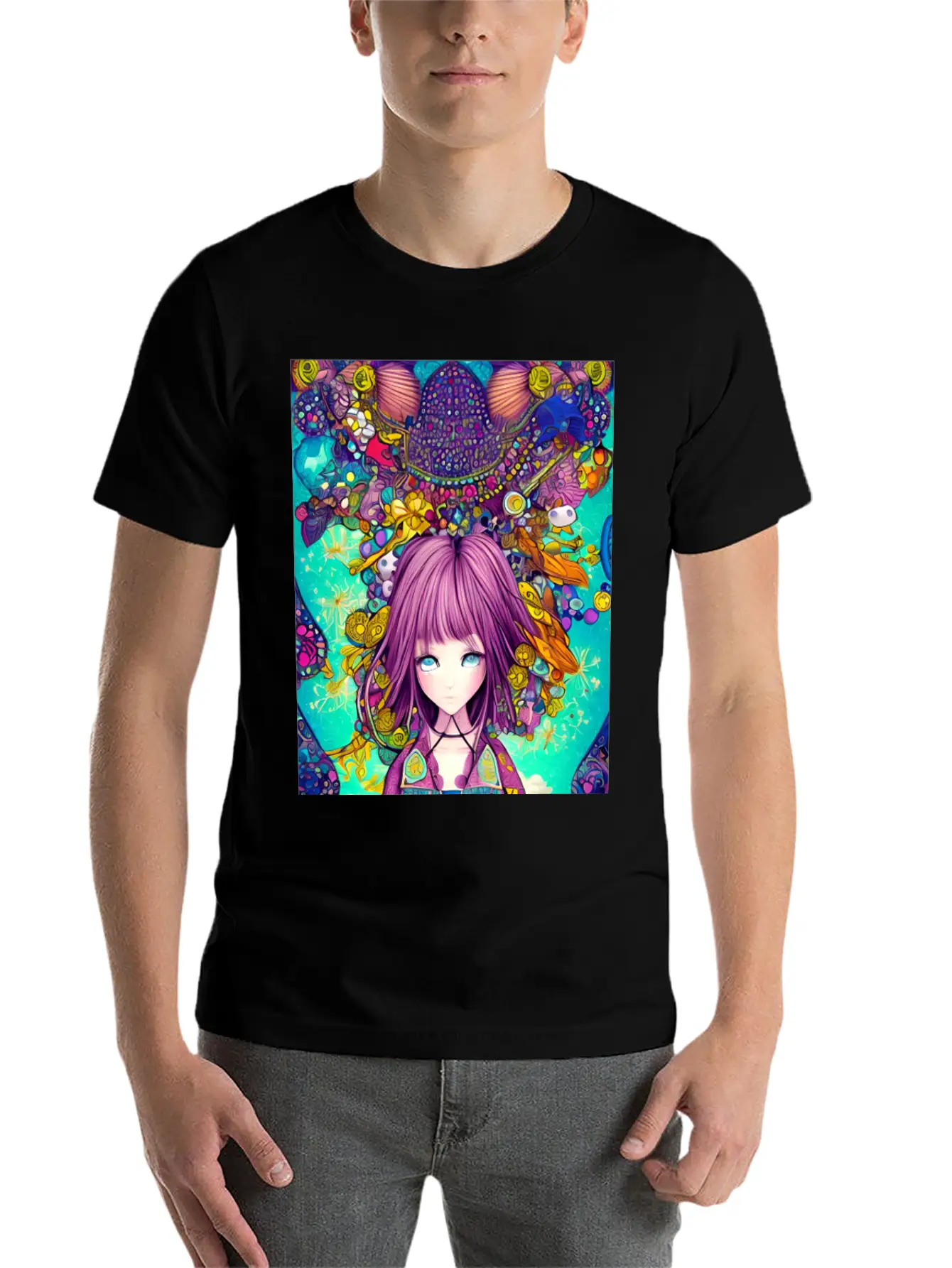 Manga Girl Colorful Poster Digital Wall ART Stylish Everyday T-Shirt – Unisex Basic Cotton Tee
