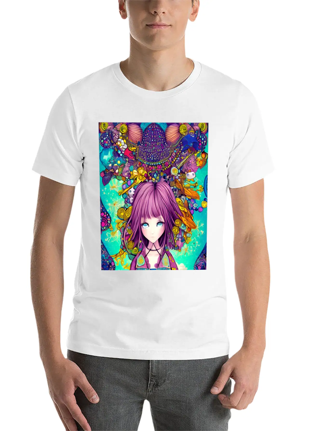 Manga Girl Colorful Poster Digital Wall ART Stylish Everyday T-Shirt – Unisex Basic Cotton Tee
