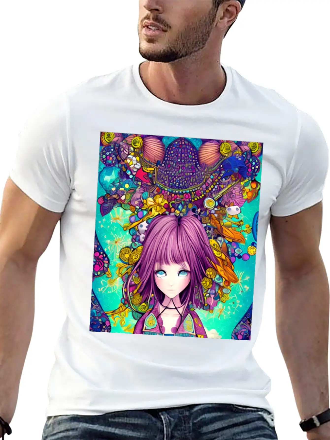 Manga Girl Colorful Poster Digital Wall ART Stylish Everyday T-Shirt – Unisex Basic Cotton Tee