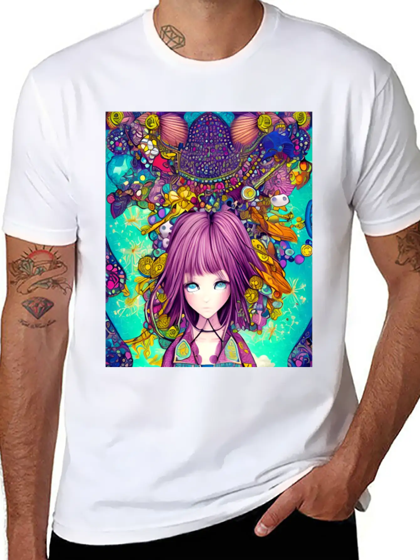 Manga Girl Colorful Poster Digital Wall ART Stylish Everyday T-Shirt – Unisex Basic Cotton Tee