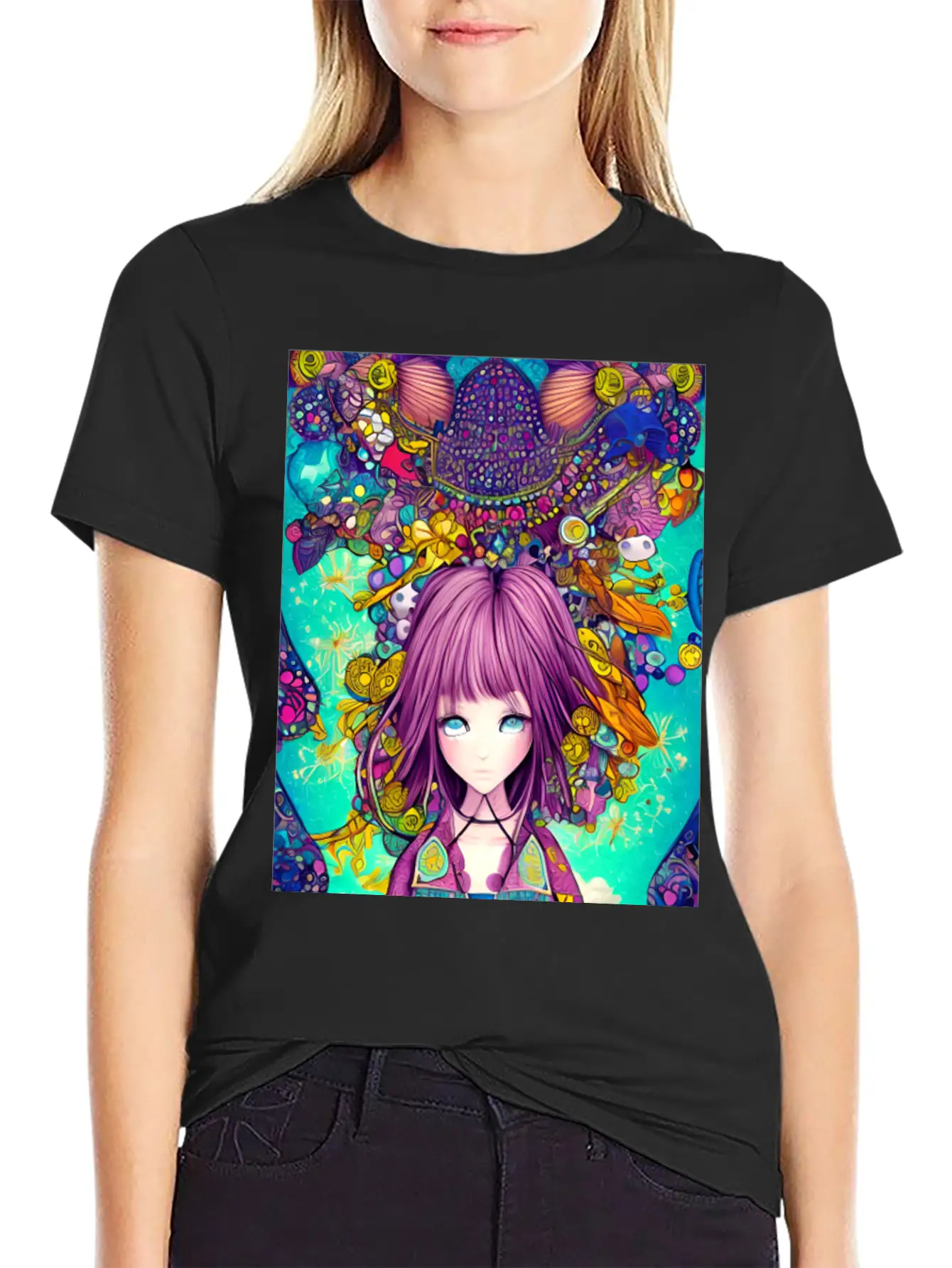 Manga Girl Colorful Poster Digital Wall ART Stylish Everyday T-Shirt – Unisex Basic Cotton Tee