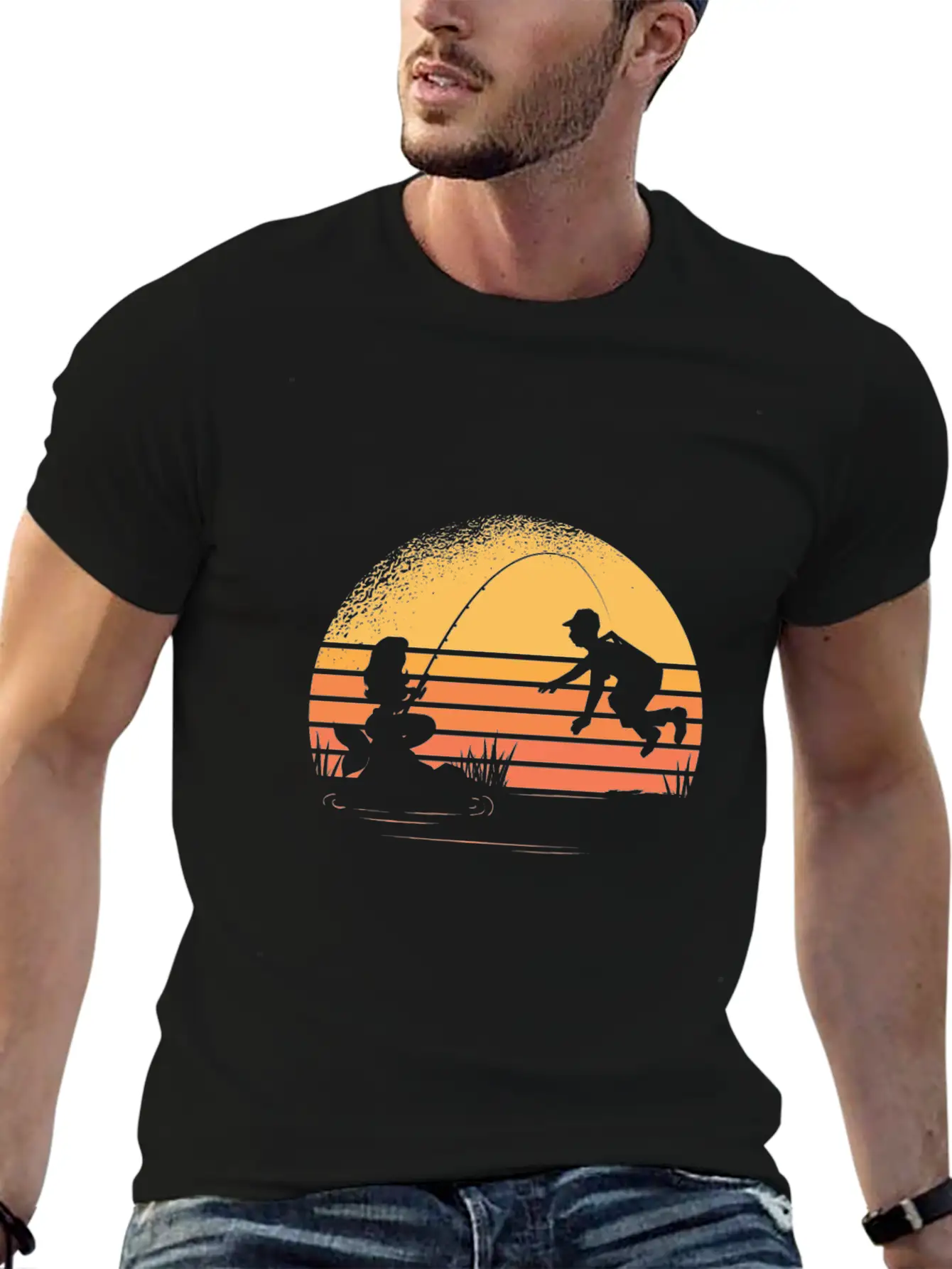 Mermaid Is Fishing Silhouette Stylish Everyday T-Shirt – Unisex Basic Cotton Tee