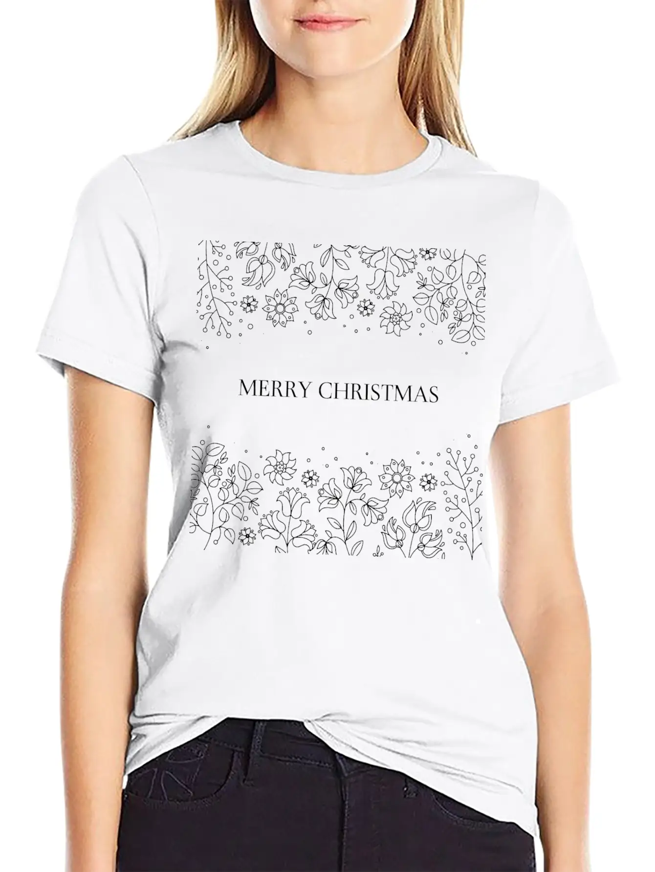Merry Christmas Floral Doodle Pattern Unisex Cotton Tee – Relaxed Fit For Any Occasion