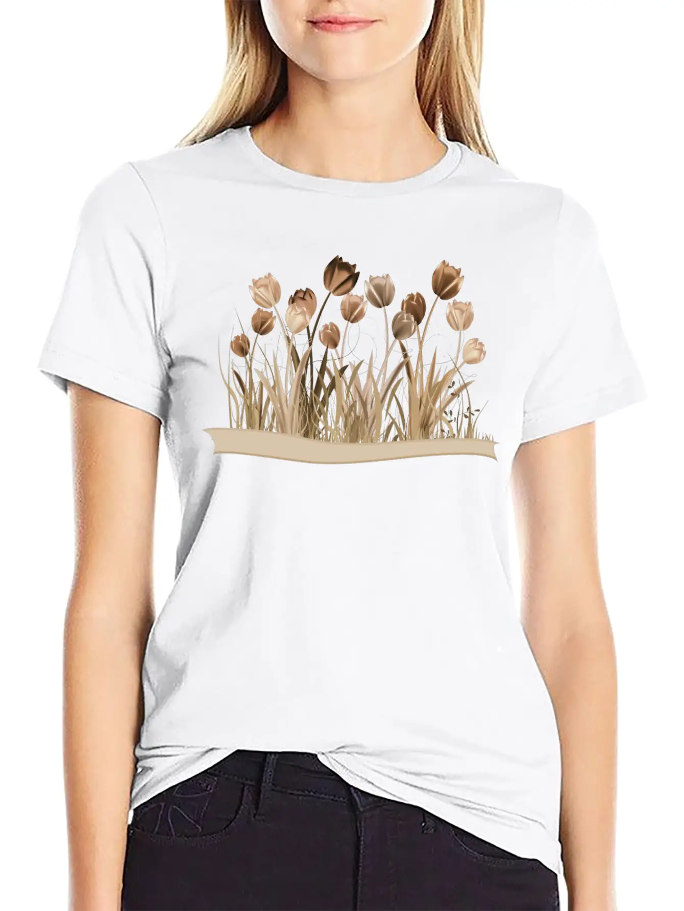 Monochrome Tulips On Spring Meadow In Sepia Basic Graphic T-Shirt – Daily Comfort In Soft Cotton