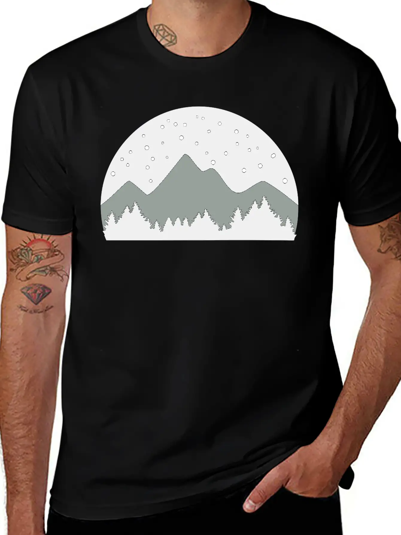 Mountains, Forest And Starry Night Sky, 3 Colors Stylish Everyday T-Shirt – Unisex Basic Cotton Tee