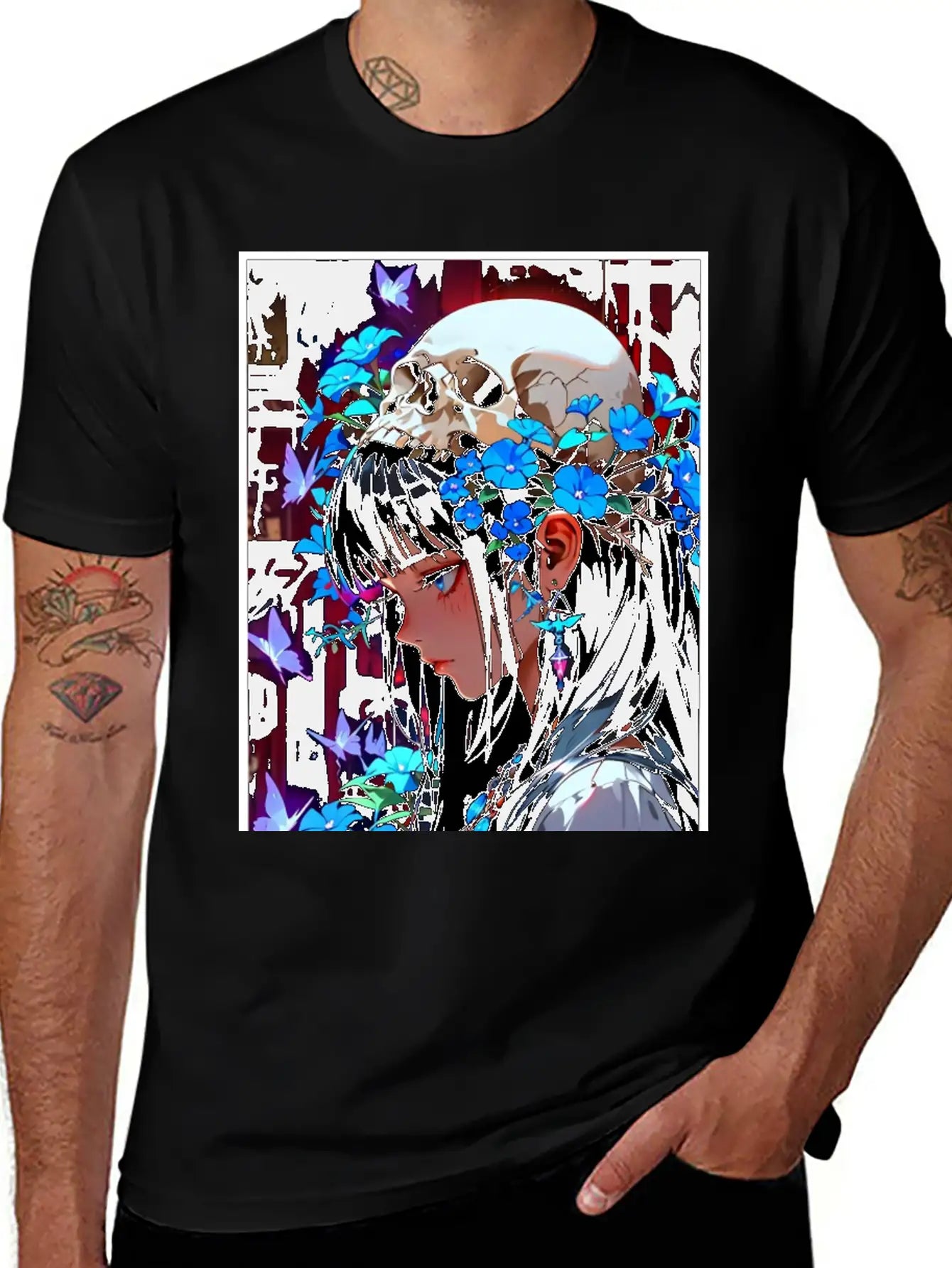 Mystic Blossom - Skull & Blue Butterfly Stylish Everyday T-Shirt – Unisex Basic Cotton Tee
