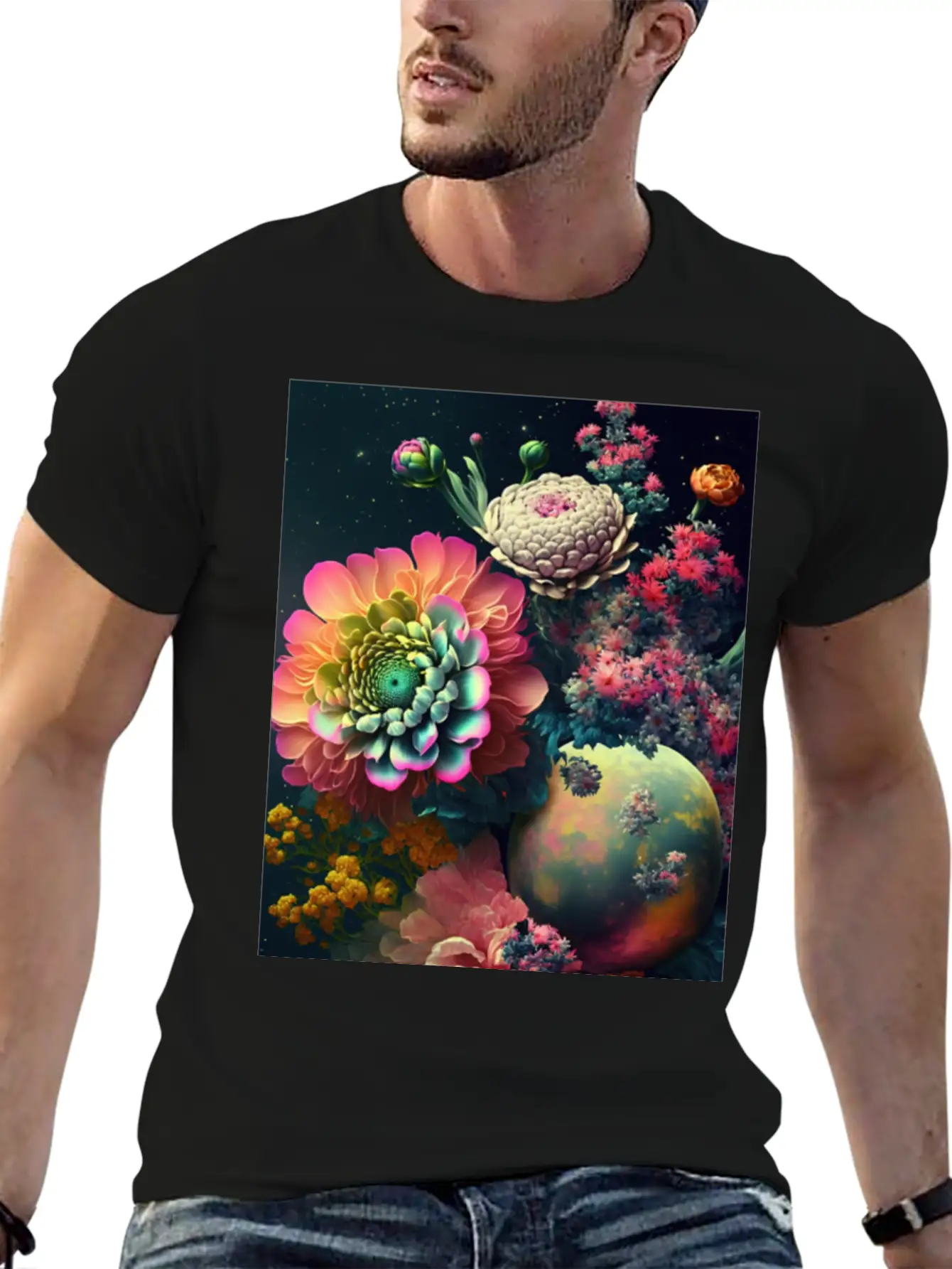 Neon Cosmic Floral Stuffs Classic Cotton Tee – Unisex Comfort For Any Season