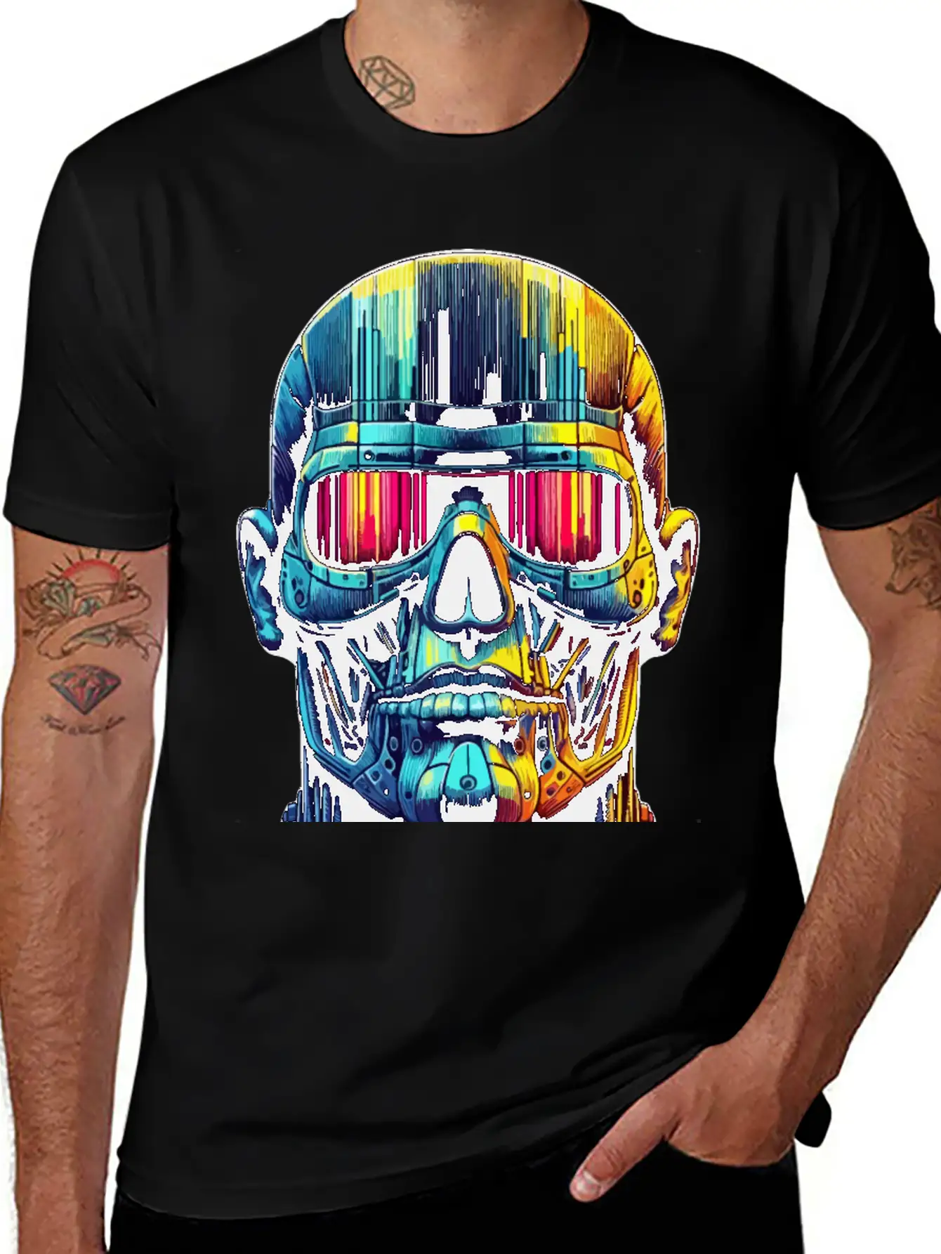 Neon Cyber Skull With Futuristic Visor And Vibrant Stylish Everyday T-Shirt – Unisex Basic Cotton Tee