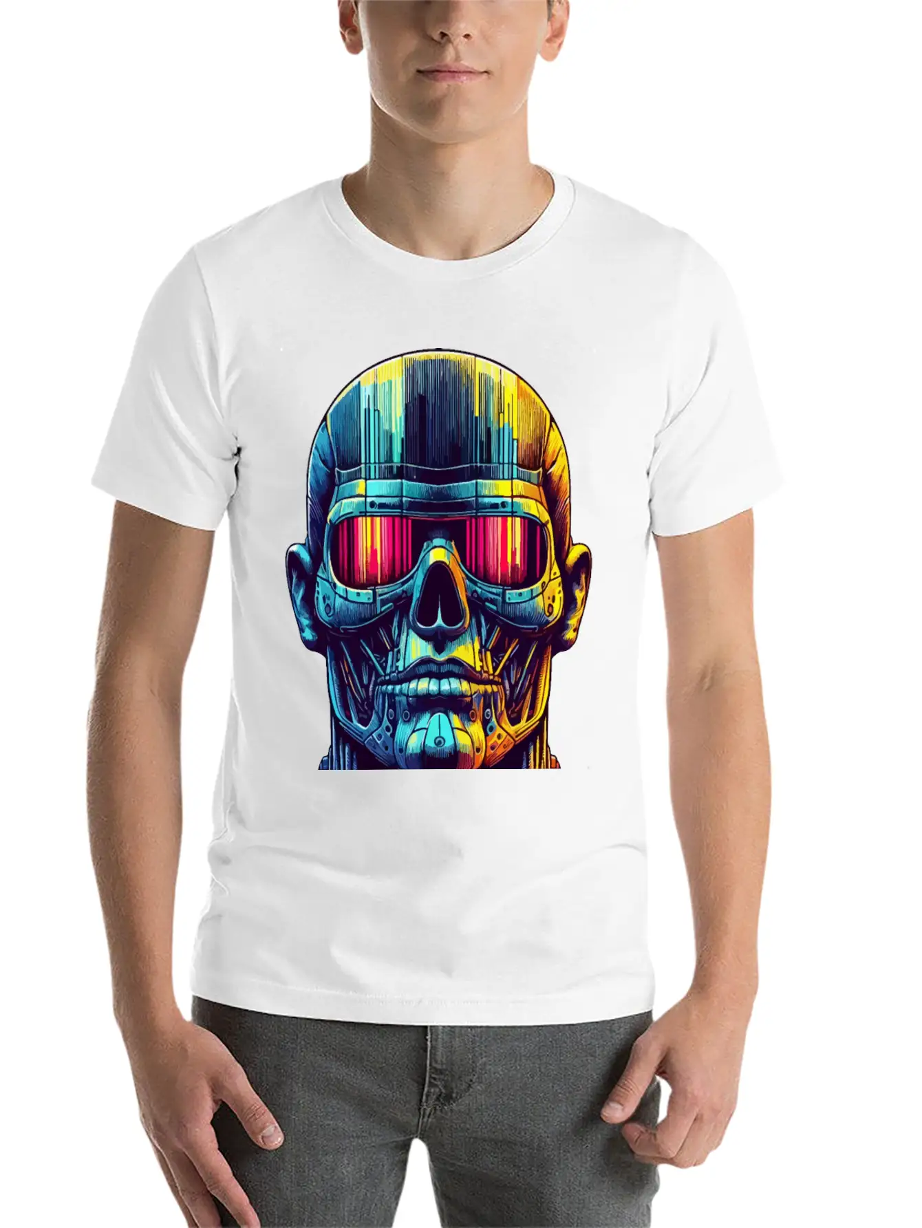 Neon Cyber Skull With Futuristic Visor And Vibrant Stylish Everyday T-Shirt – Unisex Basic Cotton Tee