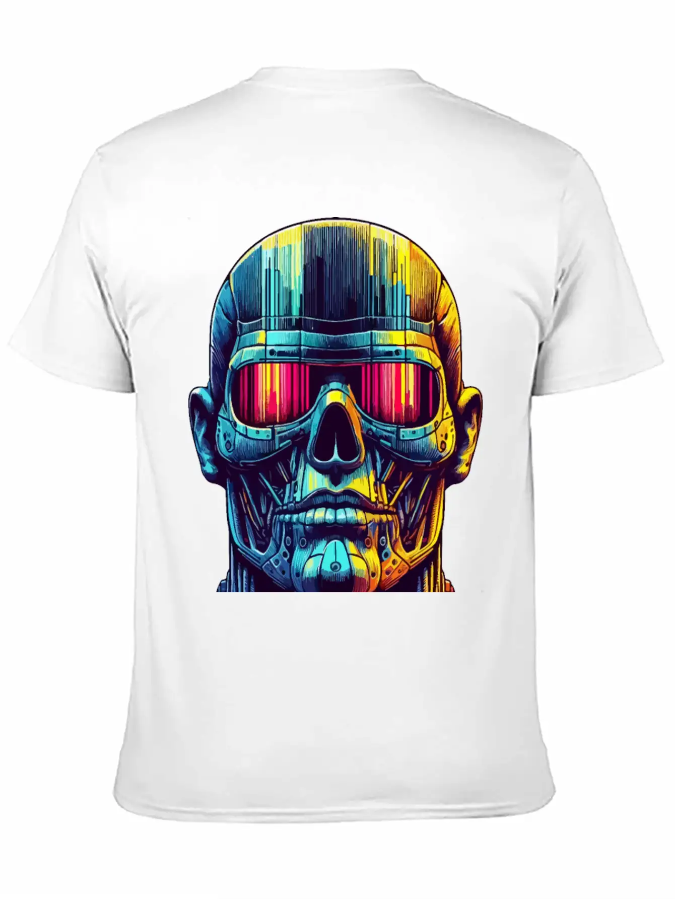 Neon Cyber Skull With Futuristic Visor And Vibrant Stylish Everyday T-Shirt – Unisex Basic Cotton Tee