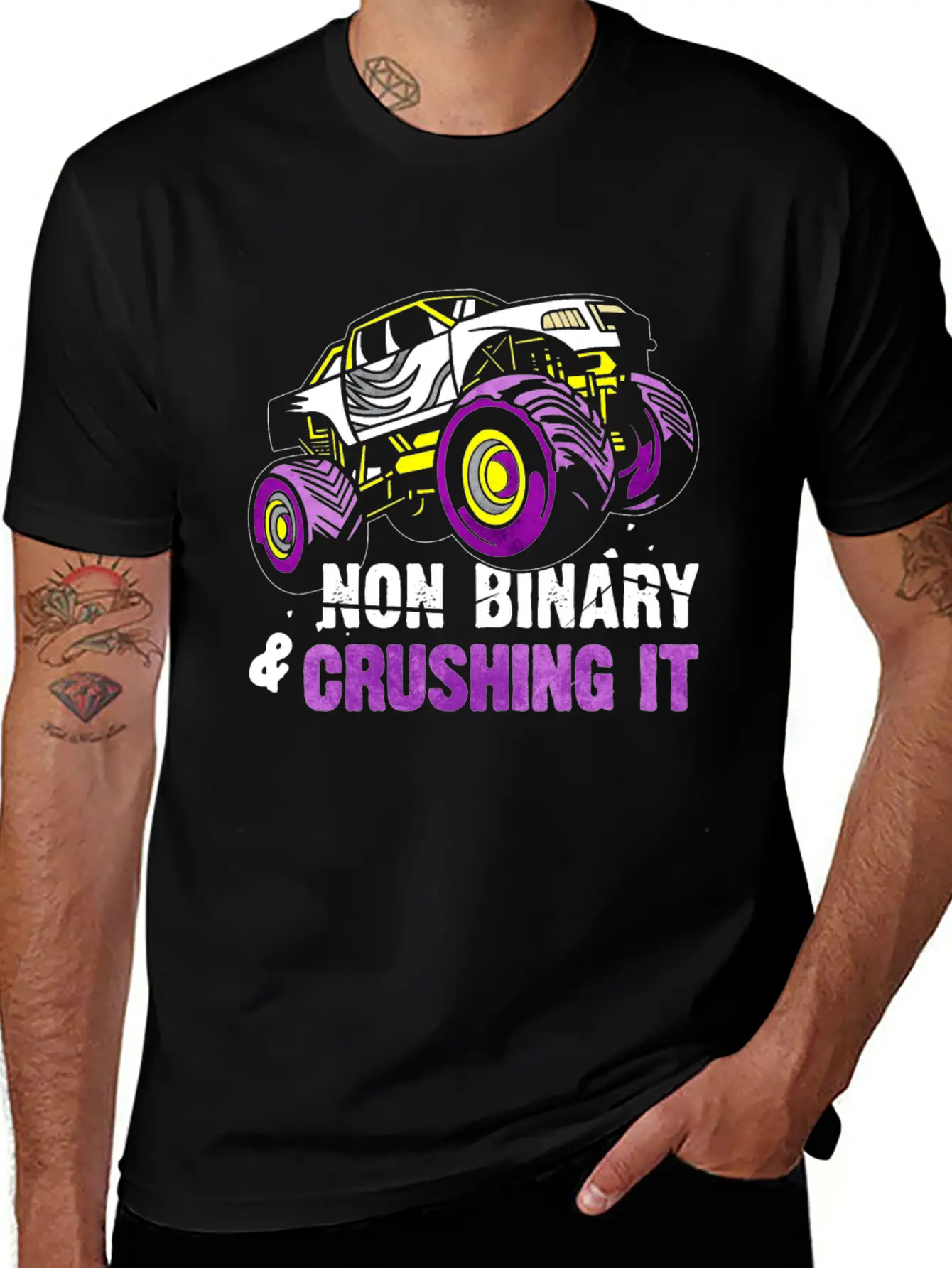 Non Binary Pride Flag Monster Truck Lightweight Cotton T-Shirt – Daily Comfort Graphic Shirt