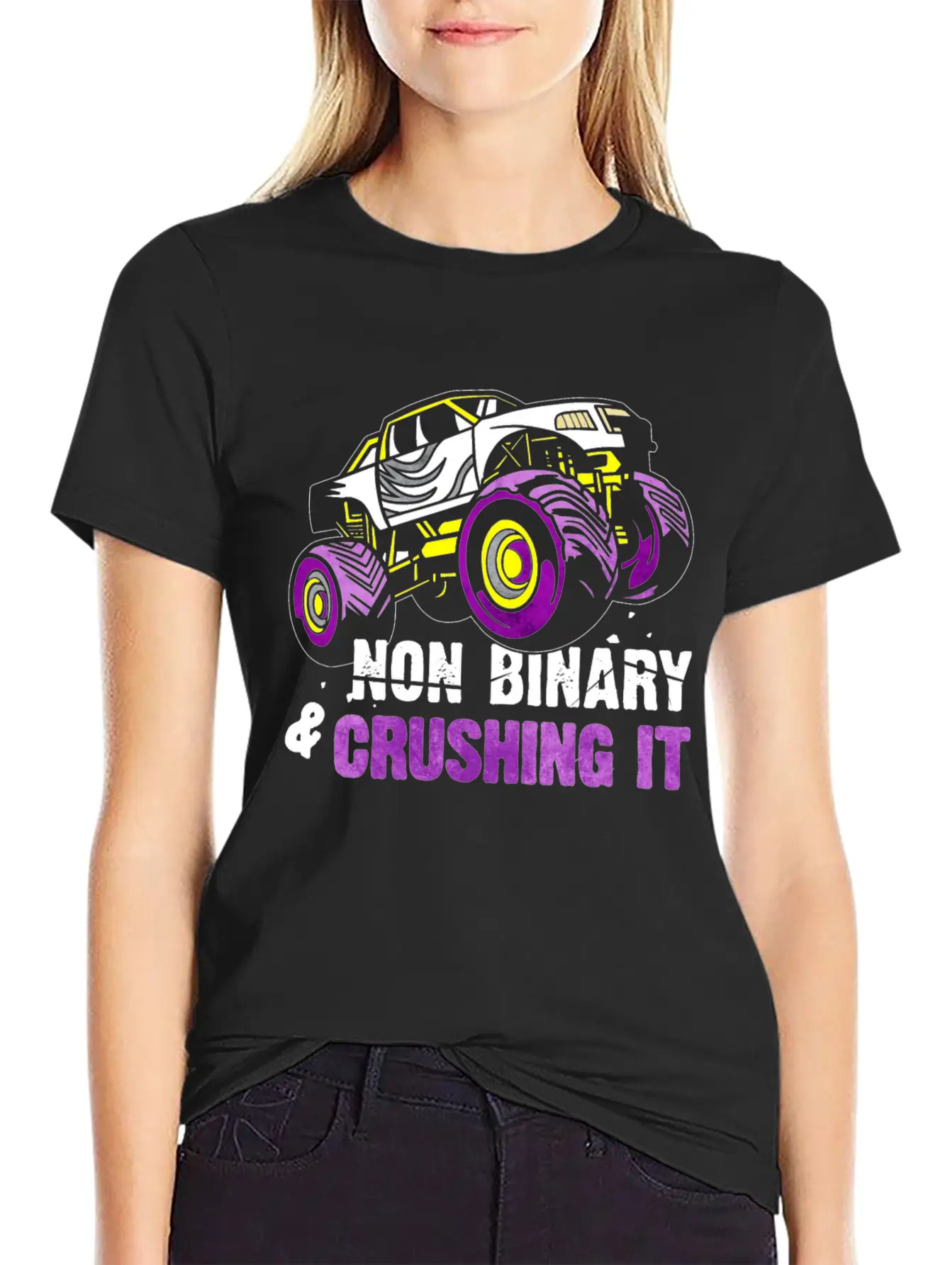 Non Binary Pride Flag Monster Truck Lightweight Cotton T-Shirt – Daily Comfort Graphic Shirt