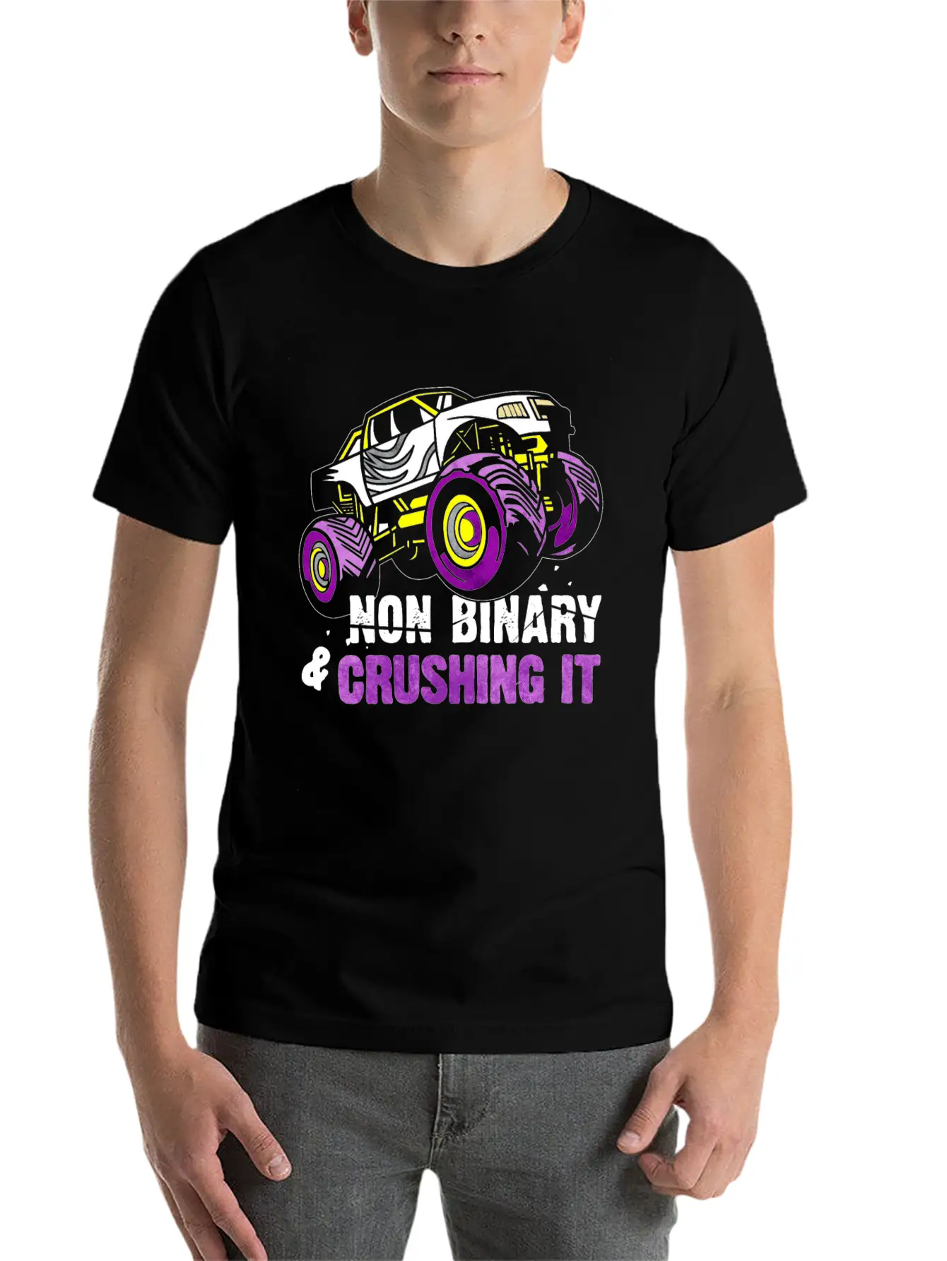 Non Binary Pride Flag Monster Truck Lightweight Cotton T-Shirt – Daily Comfort Graphic Shirt