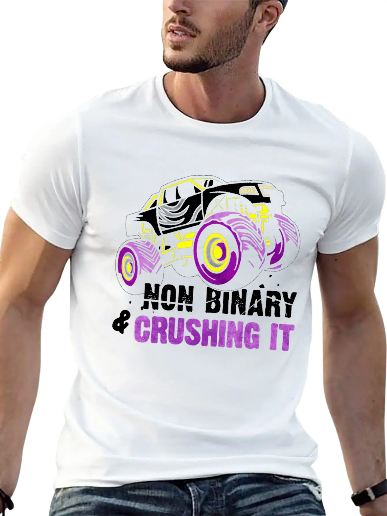 Non Binary Pride Flag Monster Truck Lightweight Cotton T-Shirt – Daily Comfort Graphic Shirt