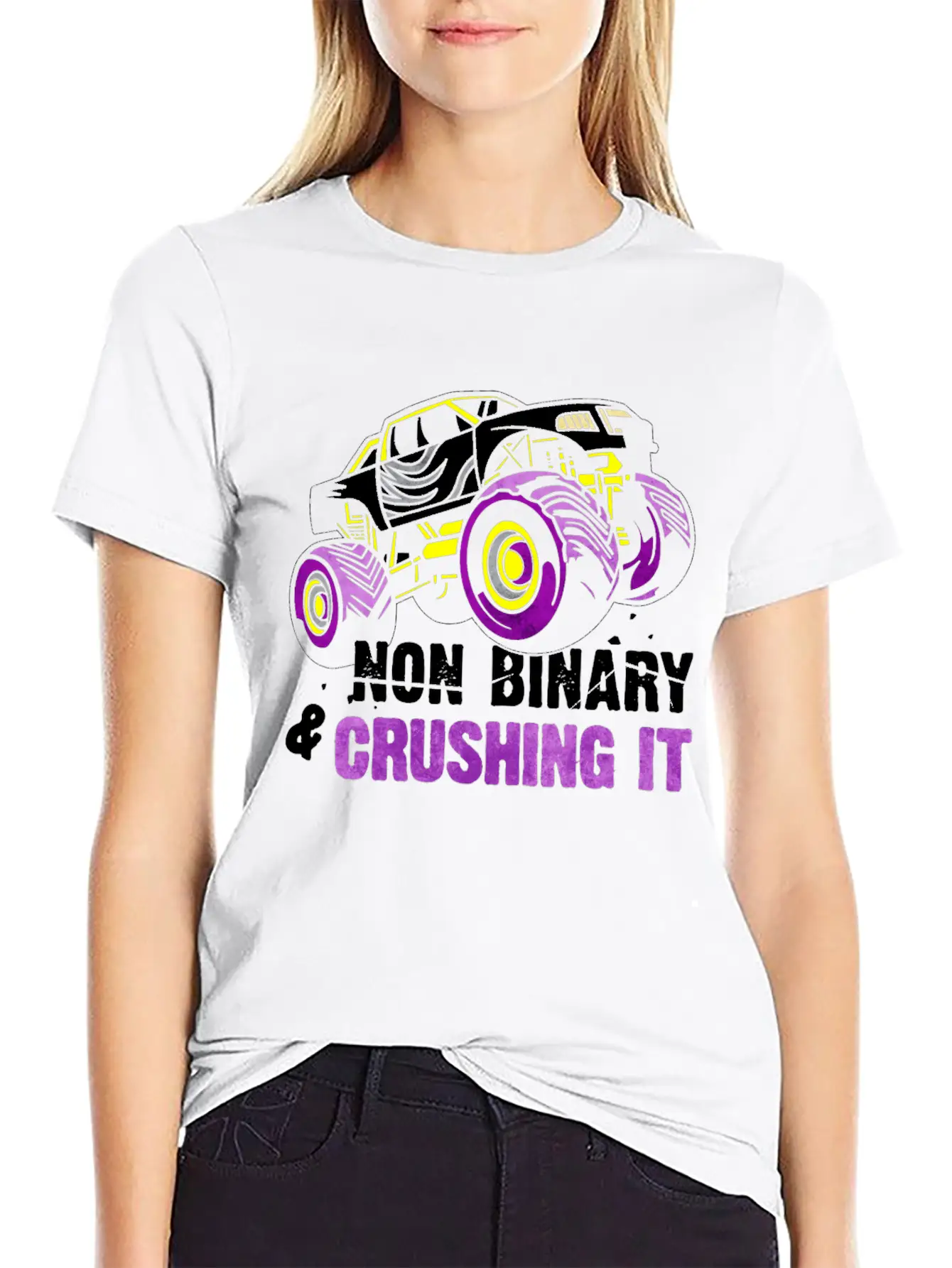 Non Binary Pride Flag Monster Truck Lightweight Cotton T-Shirt – Daily Comfort Graphic Shirt