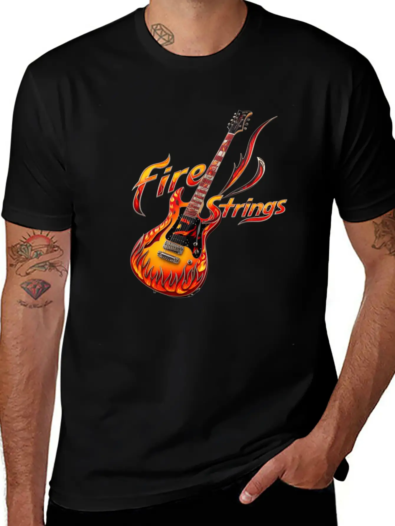Ornately Decorated Guitar Fire Fire String Line Stylish Everyday T-Shirt – Unisex Basic Cotton Tee