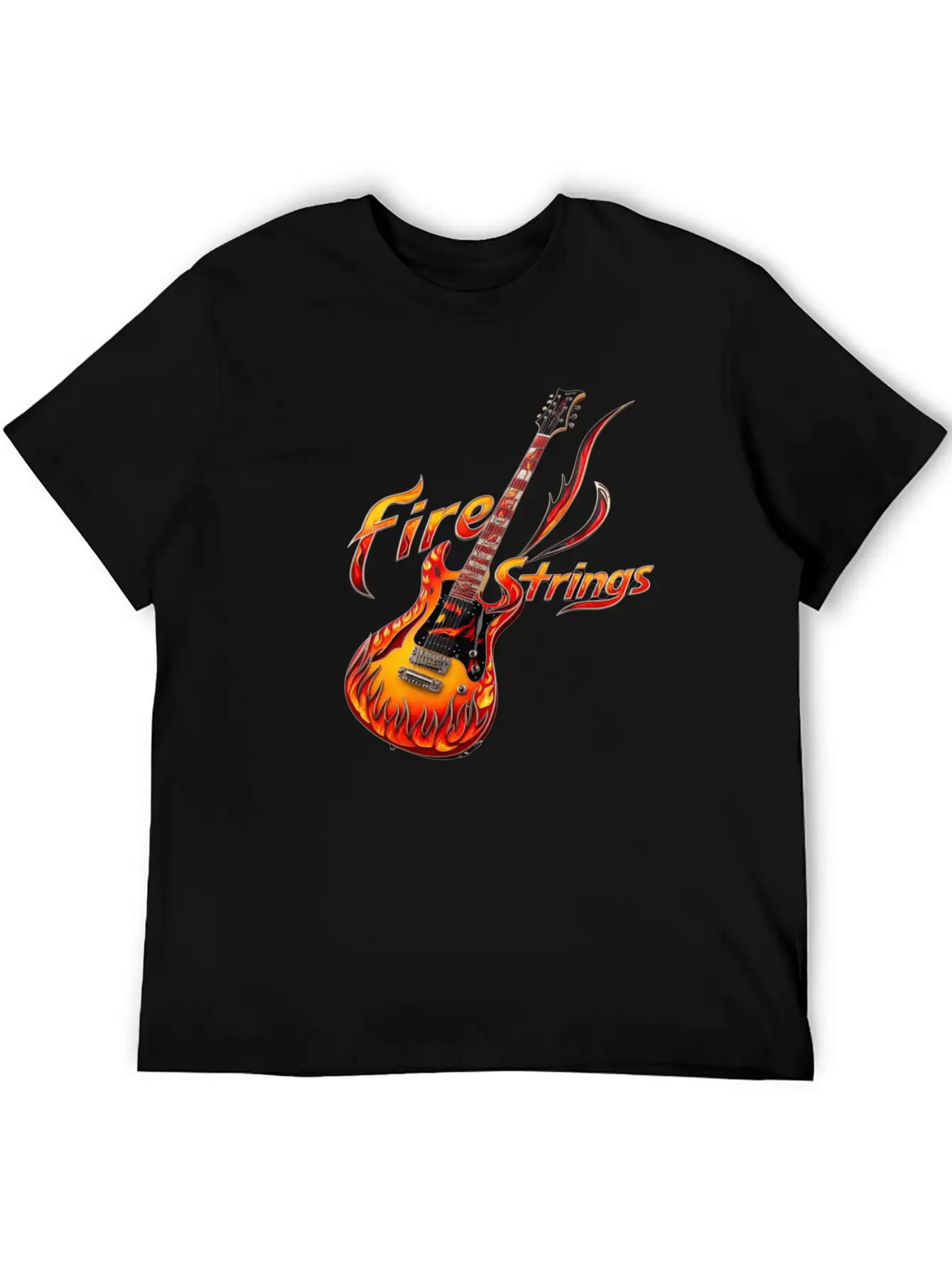 Ornately Decorated Guitar Fire Fire String Line Stylish Everyday T-Shirt – Unisex Basic Cotton Tee