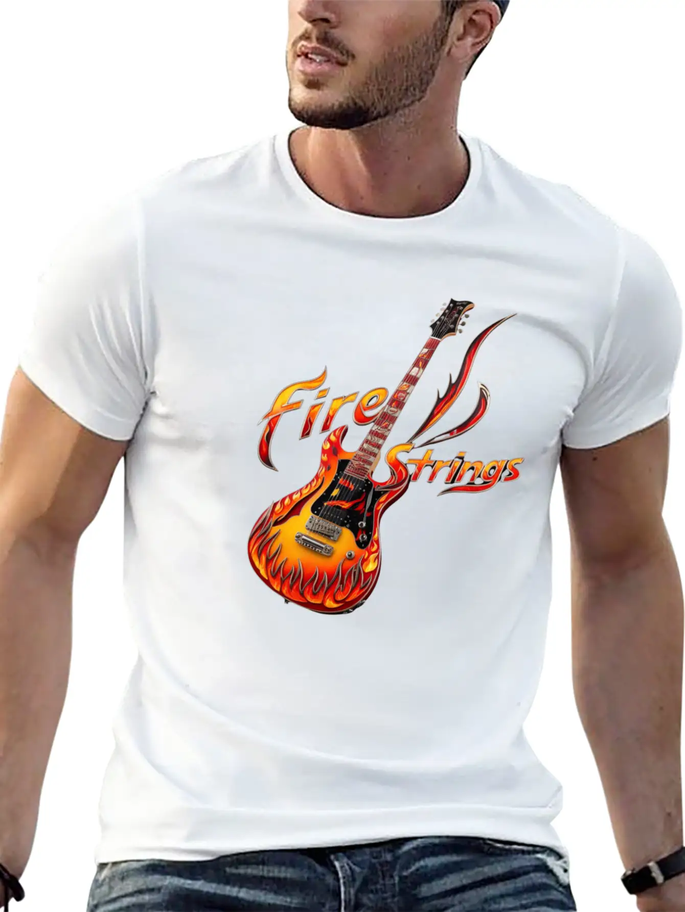 Ornately Decorated Guitar Fire Fire String Line Stylish Everyday T-Shirt – Unisex Basic Cotton Tee