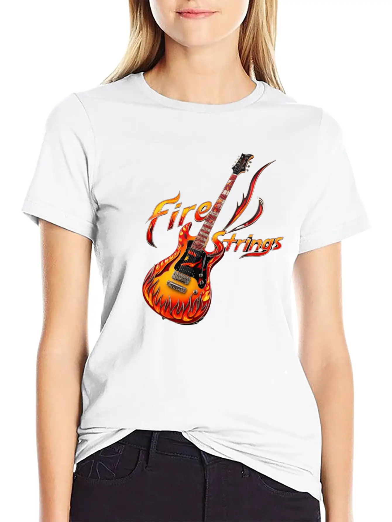 Ornately Decorated Guitar Fire Fire String Line Stylish Everyday T-Shirt – Unisex Basic Cotton Tee