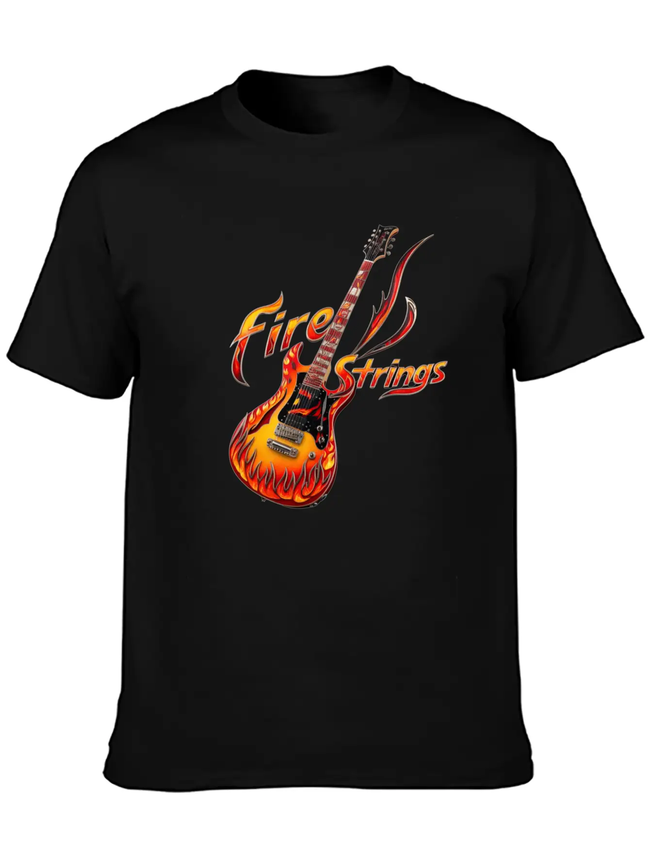 Ornately Decorated Guitar Fire Fire String Line Stylish Everyday T-Shirt – Unisex Basic Cotton Tee