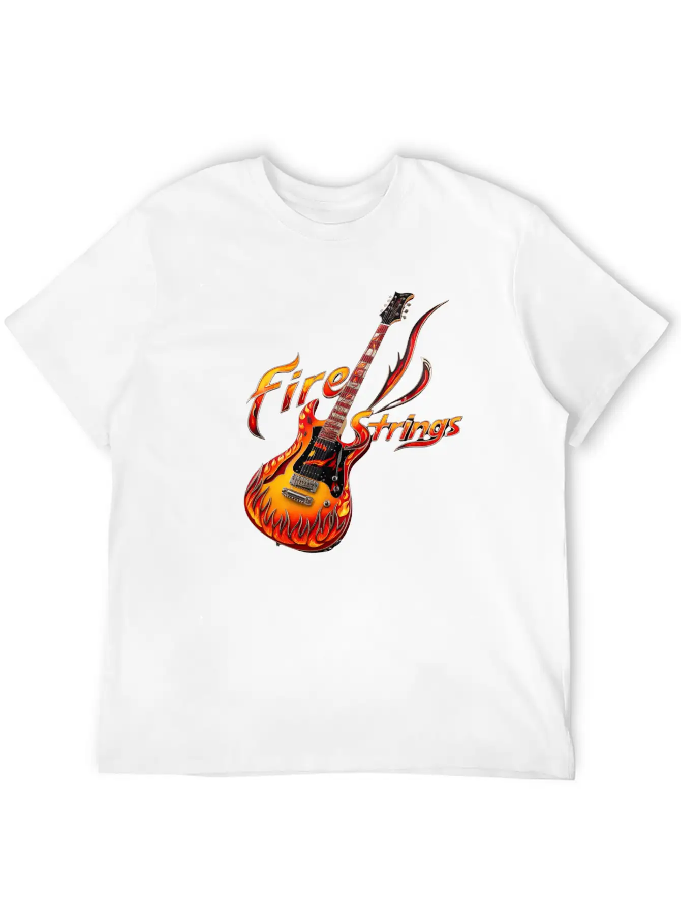 Ornately Decorated Guitar Fire Fire String Line Stylish Everyday T-Shirt – Unisex Basic Cotton Tee