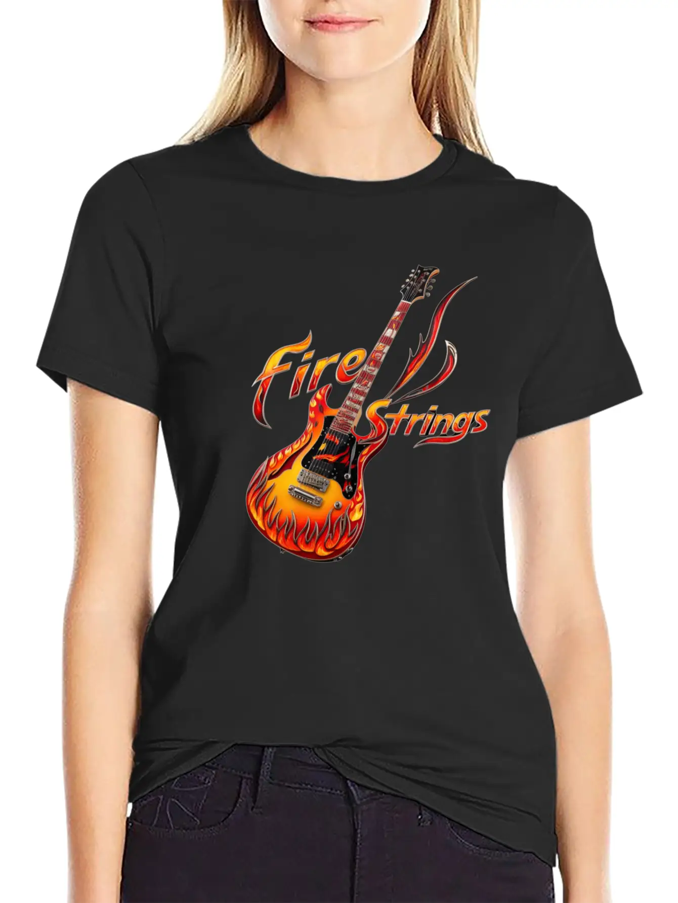 Ornately Decorated Guitar Fire Fire String Line Stylish Everyday T-Shirt – Unisex Basic Cotton Tee