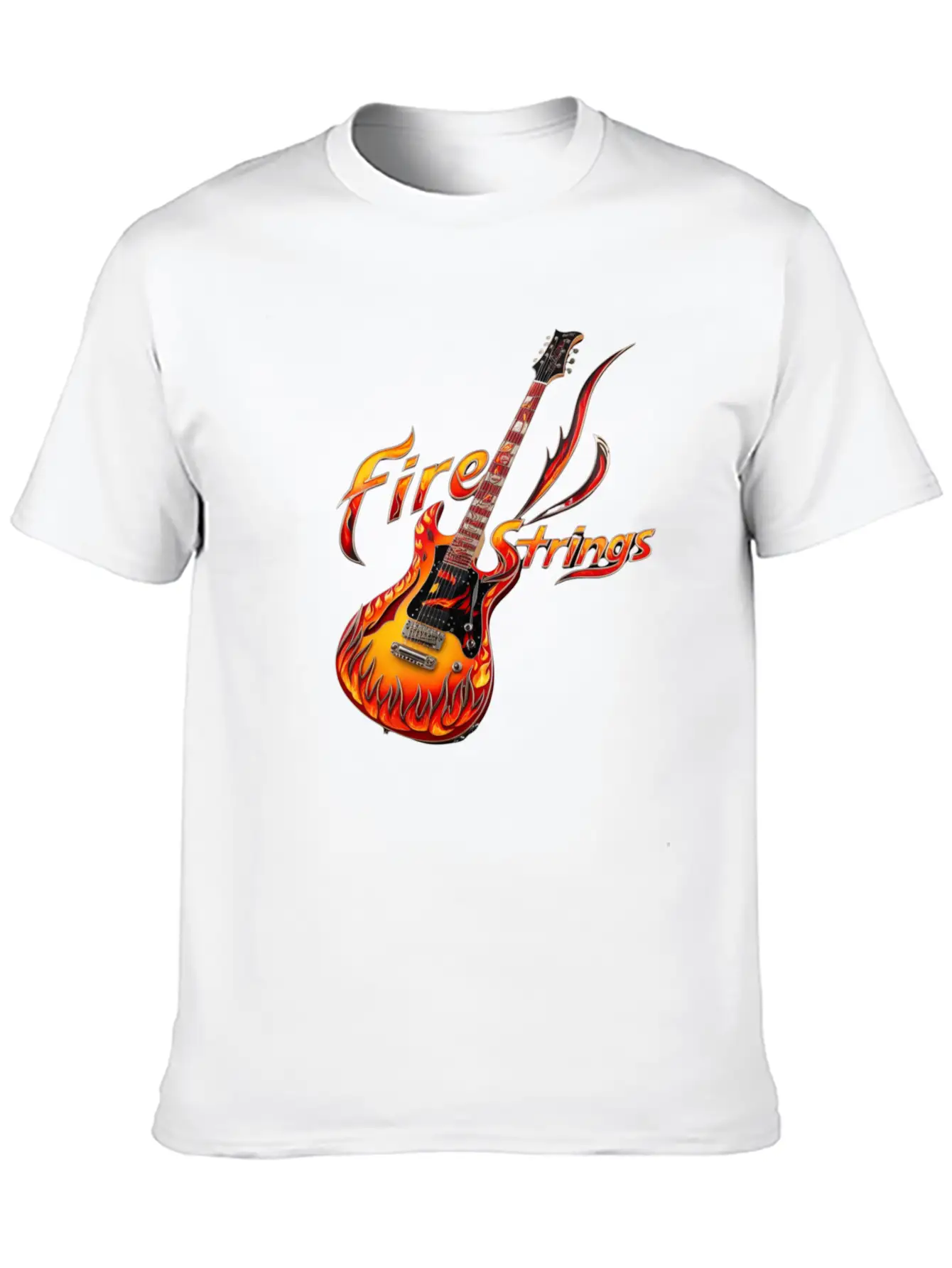 Ornately Decorated Guitar Fire Fire String Line Stylish Everyday T-Shirt – Unisex Basic Cotton Tee