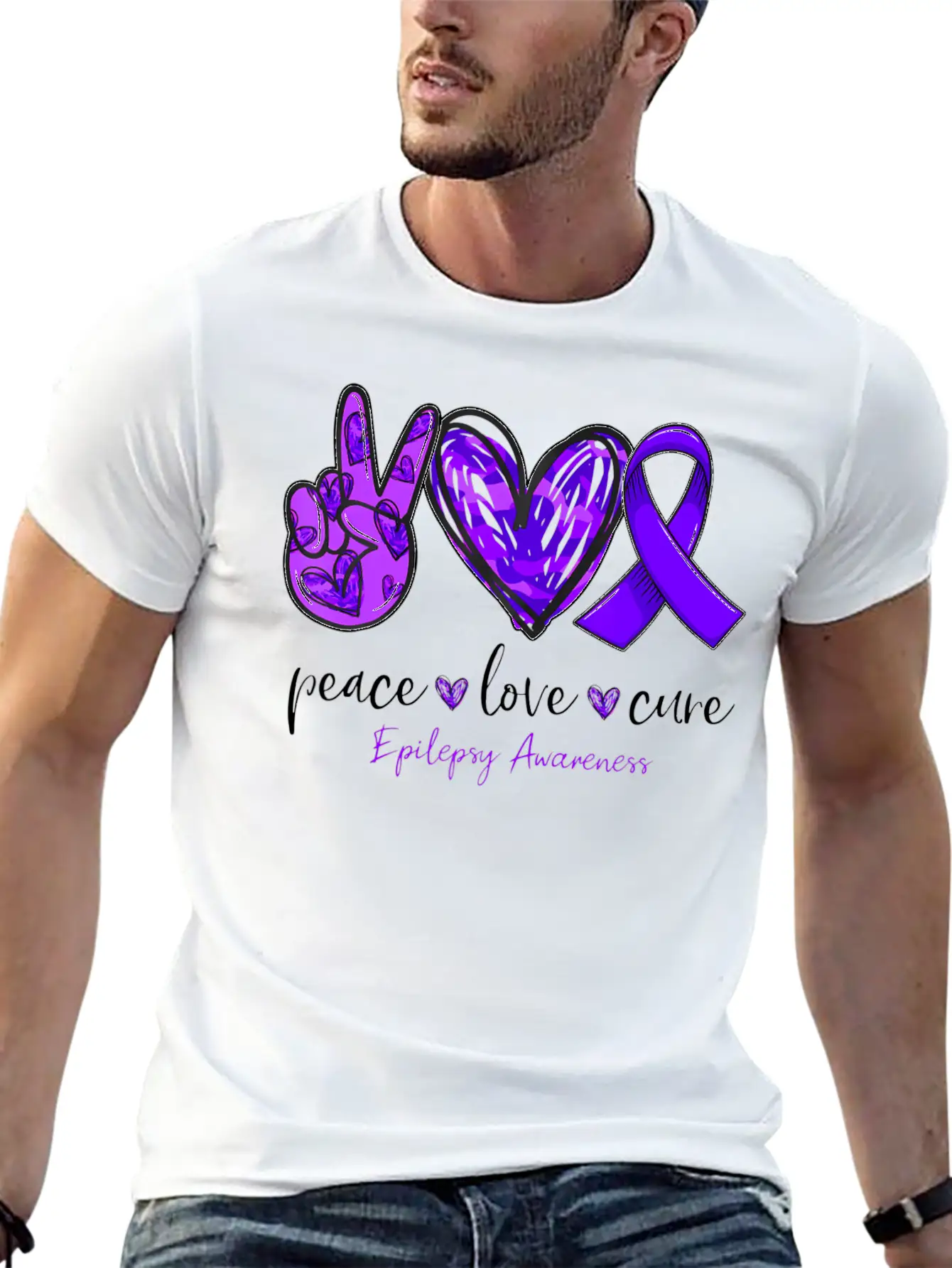 Peace Love Cure Purple Ribbon Epilepsy Awareness M Basic Graphic T-Shirt – Daily Comfort In Soft Cotton