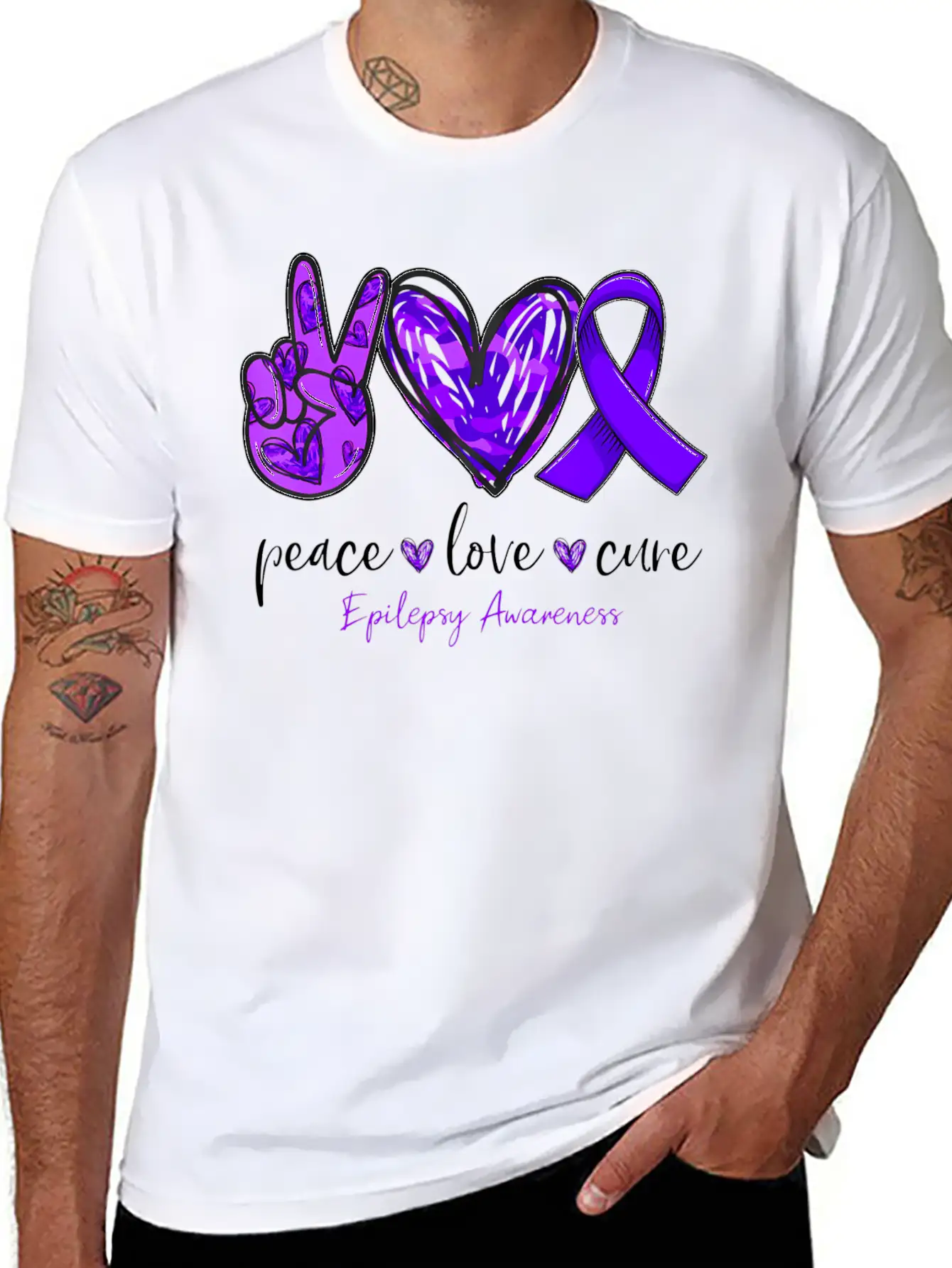 Peace Love Cure Purple Ribbon Epilepsy Awareness M Basic Graphic T-Shirt – Daily Comfort In Soft Cotton