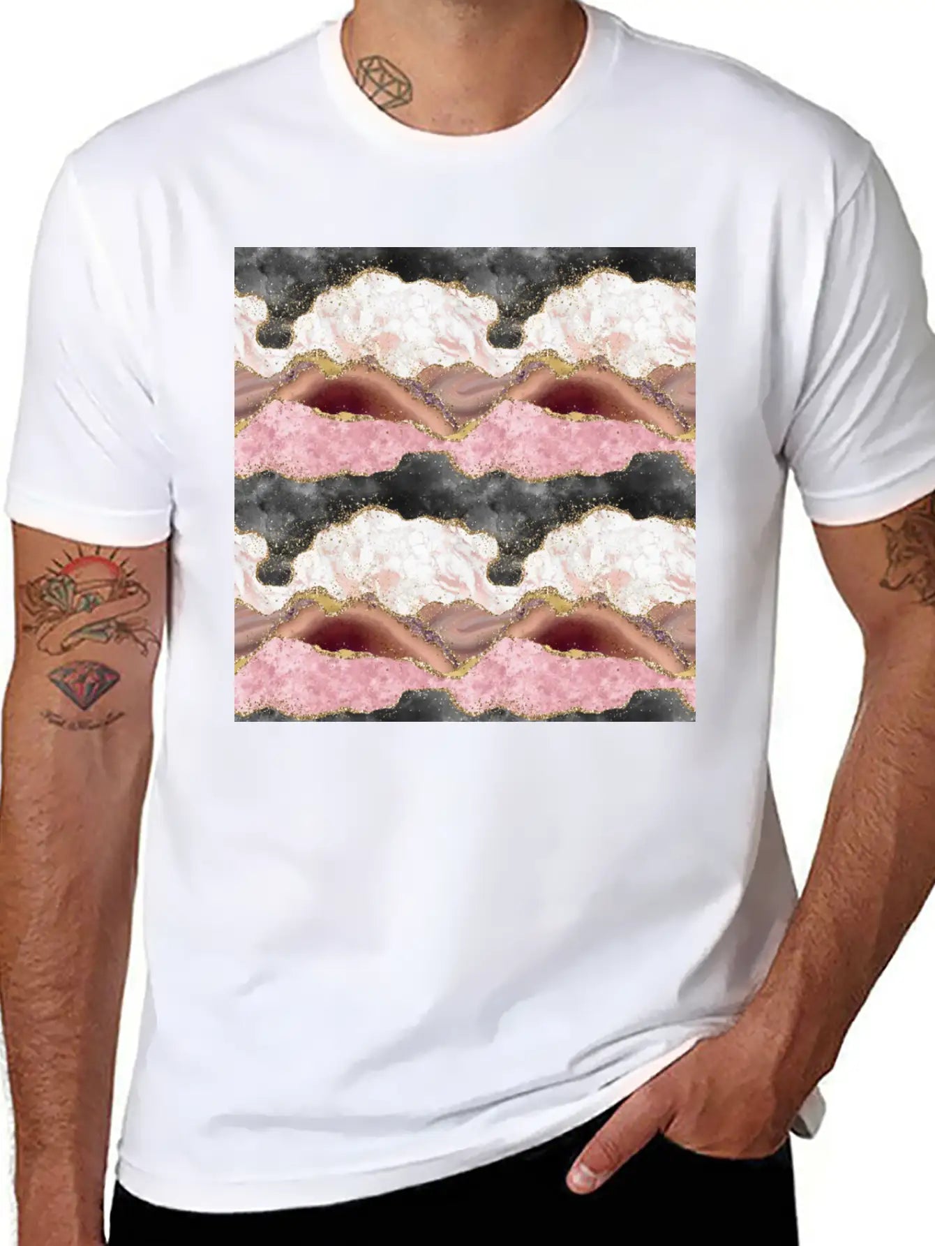 Pink Gold Glitter Agate Marble Stylish Everyday T-Shirt – Unisex Basic Cotton Tee