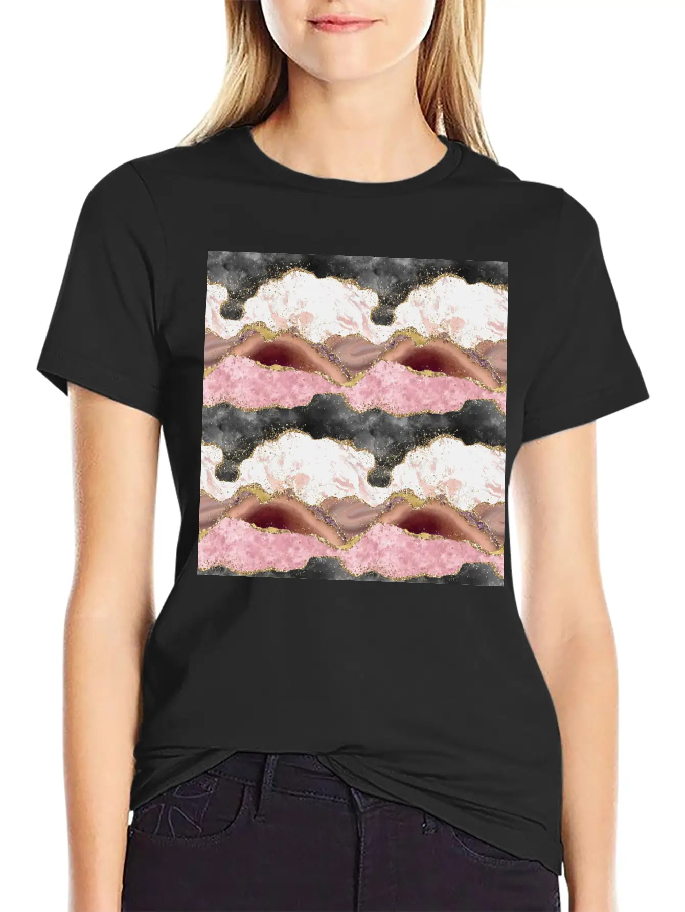 Pink Gold Glitter Agate Marble Stylish Everyday T-Shirt – Unisex Basic Cotton Tee