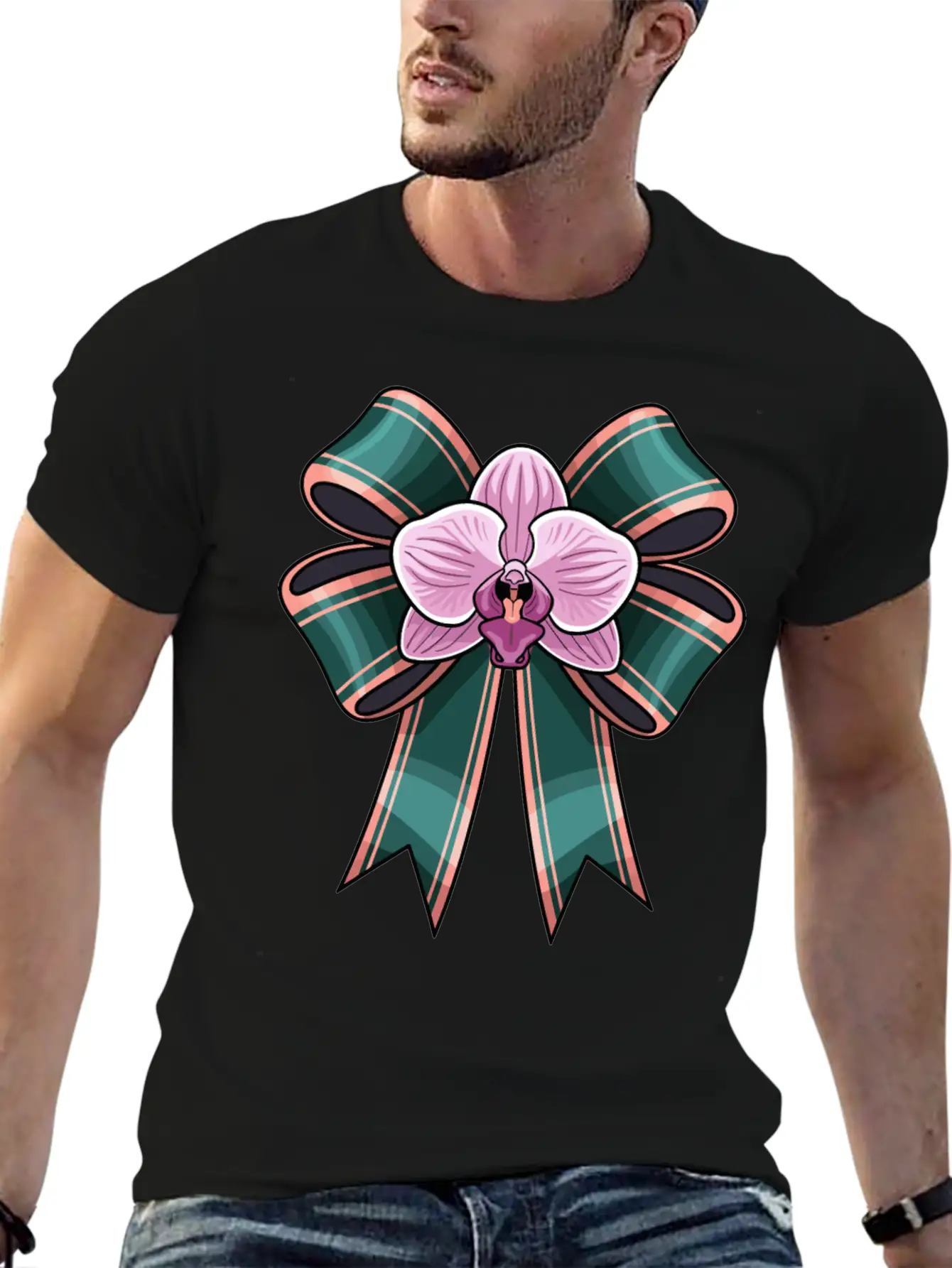 Pink Phalaenopsis Phal Orchid On Bow Basic Graphic T-Shirt – Daily Comfort In Soft Cotton