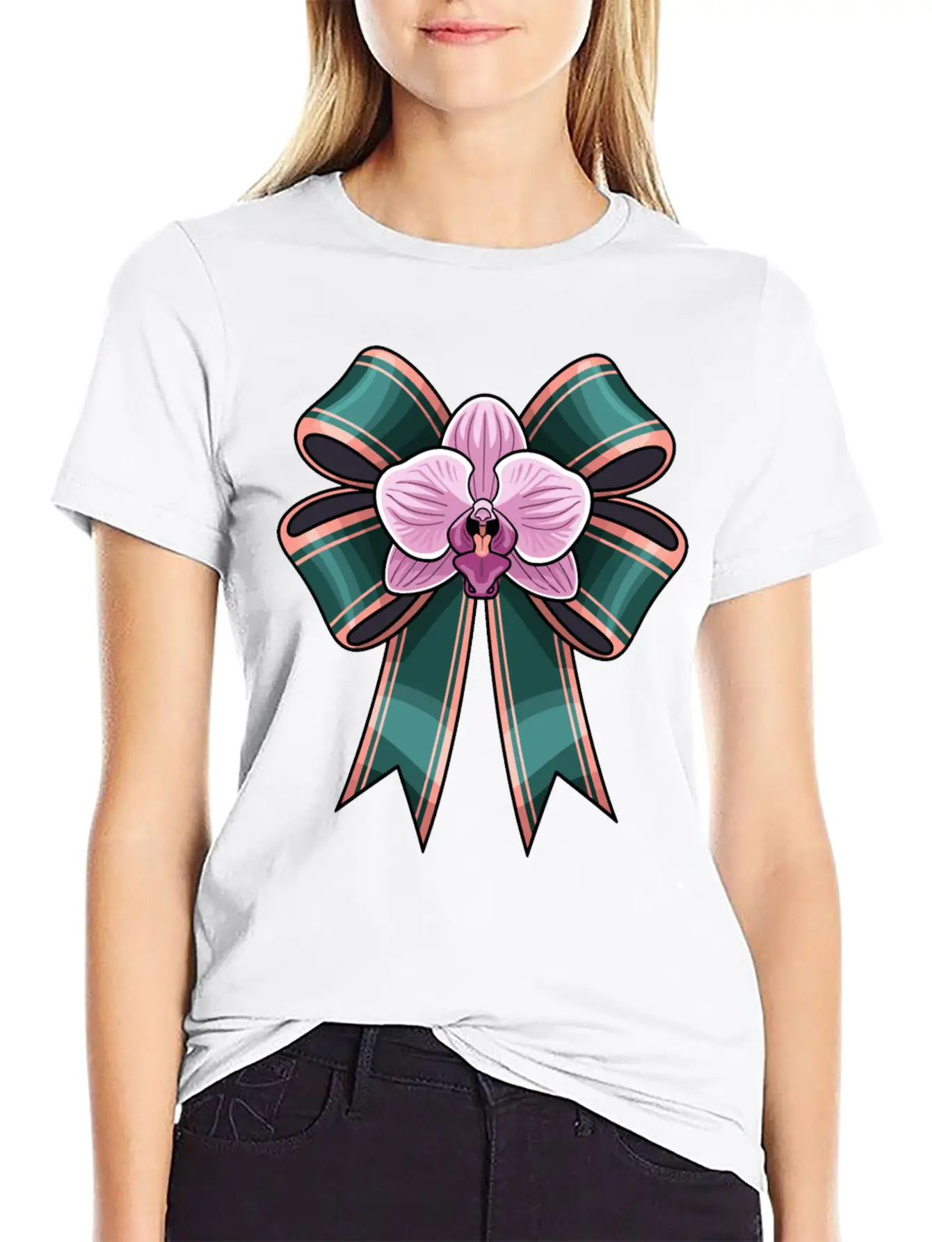 Pink Phalaenopsis Phal Orchid On Bow Basic Graphic T-Shirt – Daily Comfort In Soft Cotton