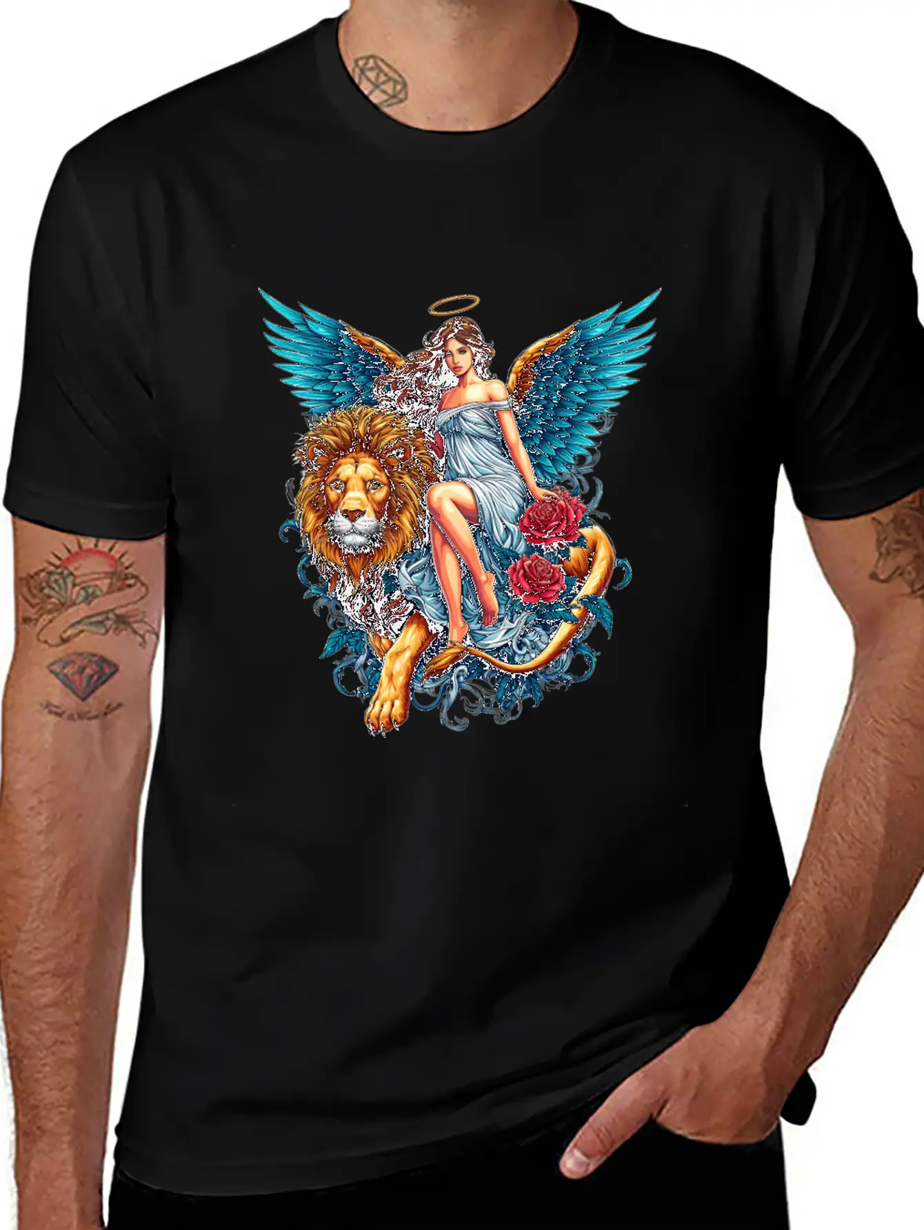 Pretty Angel On Lion With Flowers Simple Everyday Graphic Tee – Lightweight Summer Wear
