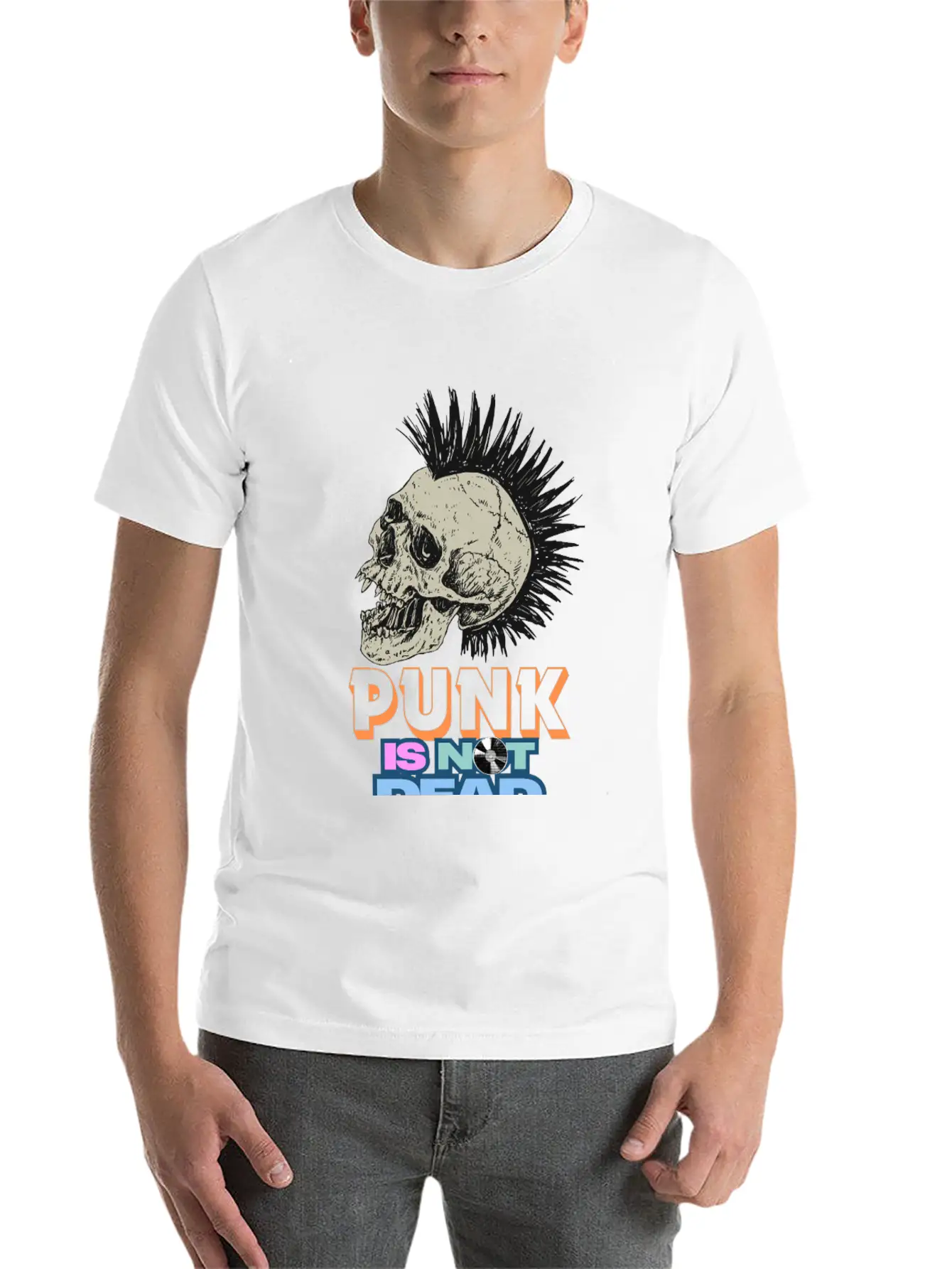 Punk Skull Mohawk Design – Punk Is Not Dead Casual Graphic T-Shirt – Simple And Comfortable Daily Wear