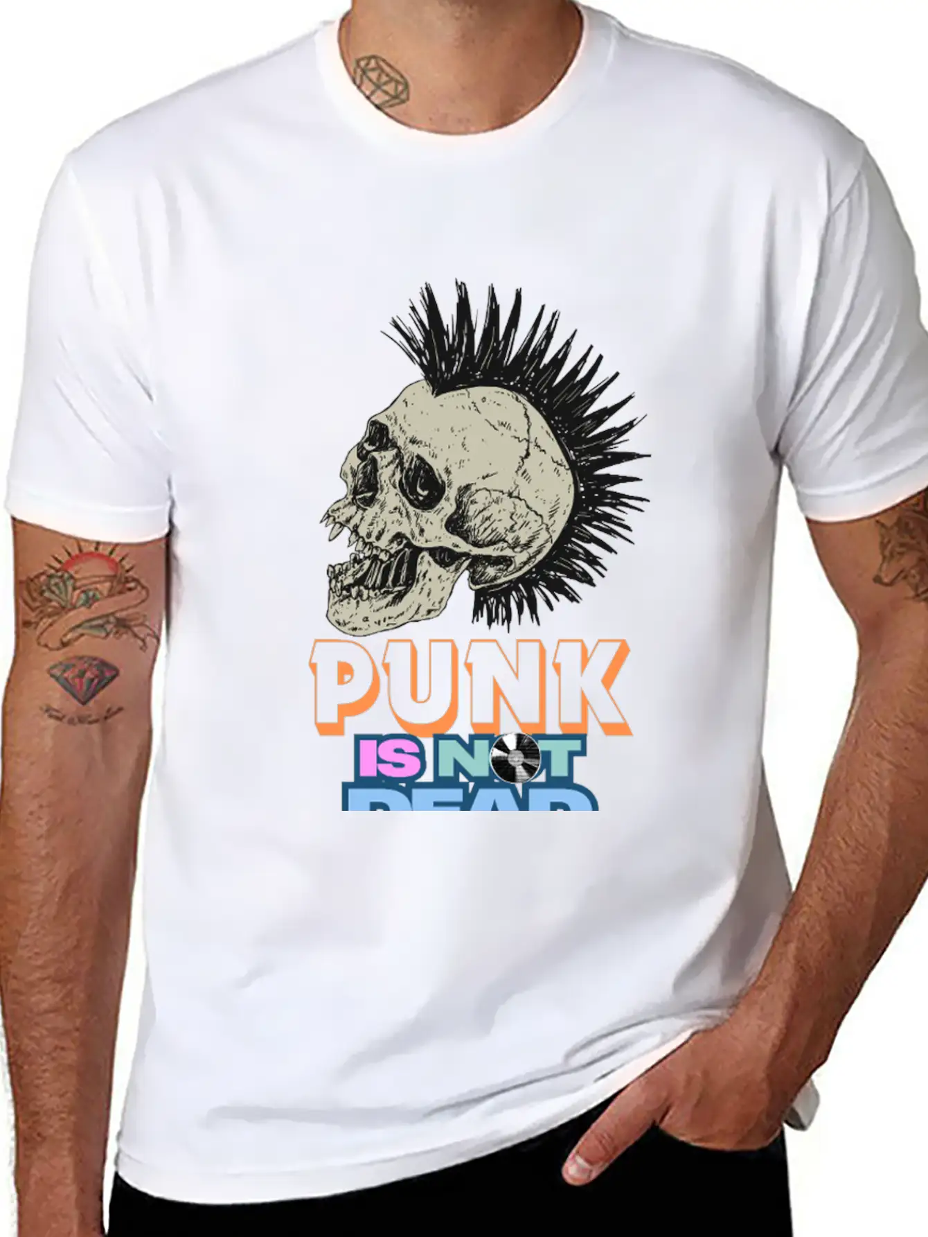 Punk Skull Mohawk Design – Punk Is Not Dead Casual Graphic T-Shirt – Simple And Comfortable Daily Wear