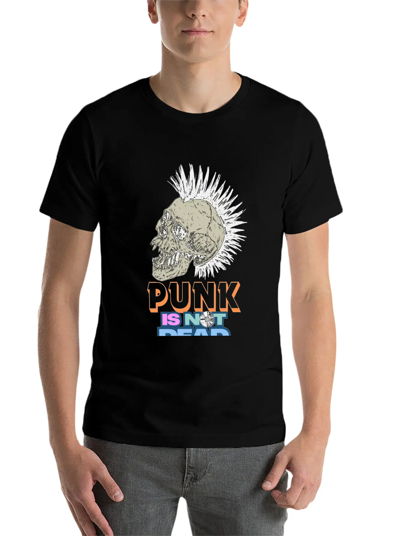 Punk Skull Mohawk Design – Punk Is Not Dead Casual Graphic T-Shirt – Simple And Comfortable Daily Wear
