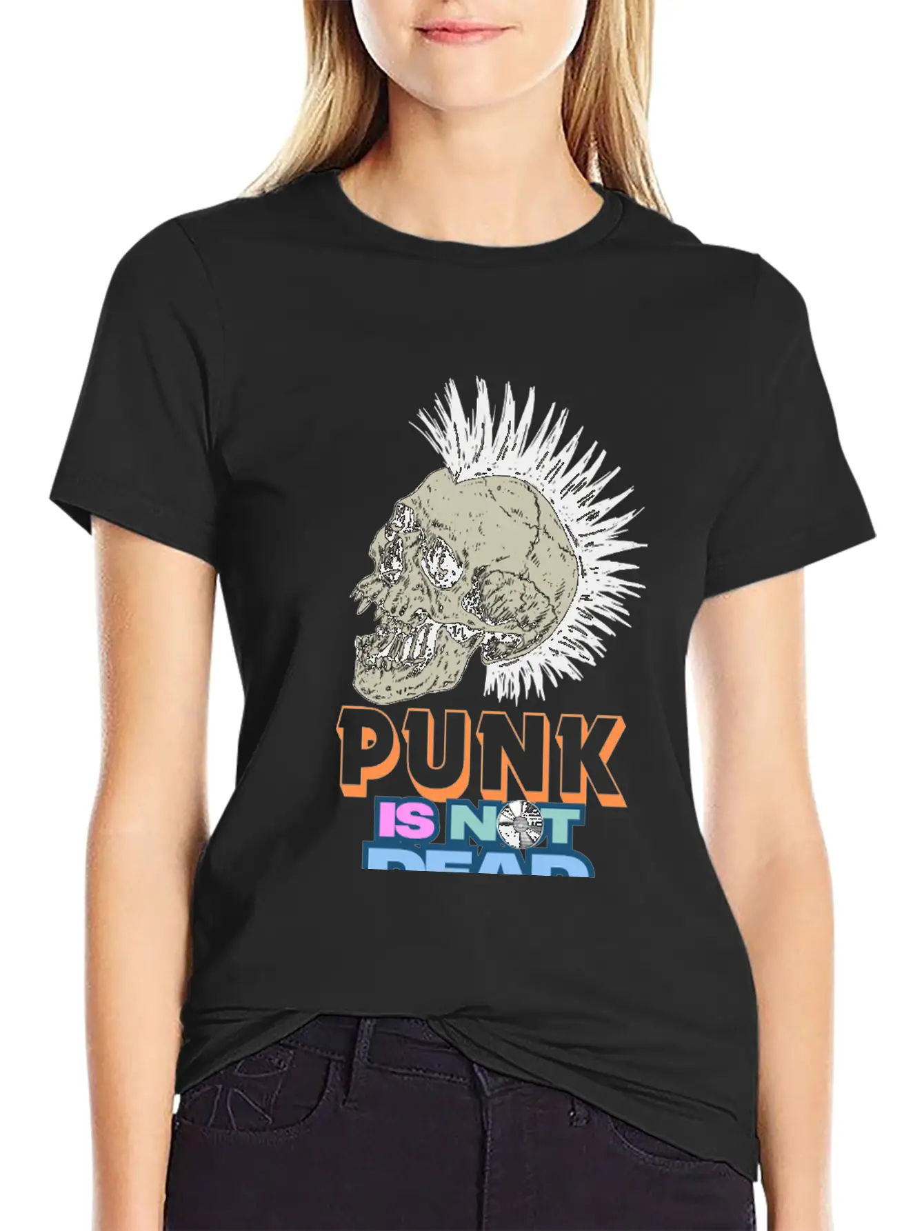 Punk Skull Mohawk Design – Punk Is Not Dead Casual Graphic T-Shirt – Simple And Comfortable Daily Wear