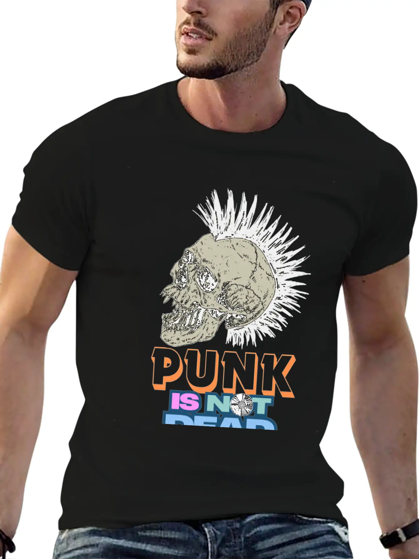 Punk Skull Mohawk Design – Punk Is Not Dead Casual Graphic T-Shirt – Simple And Comfortable Daily Wear